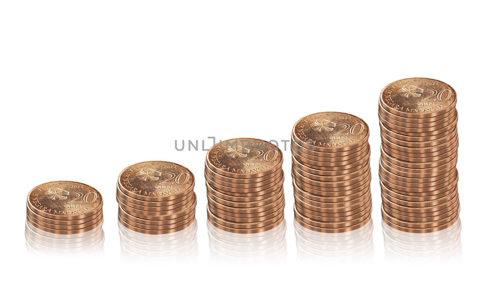 Increasing columns of  coins isolated on white background.