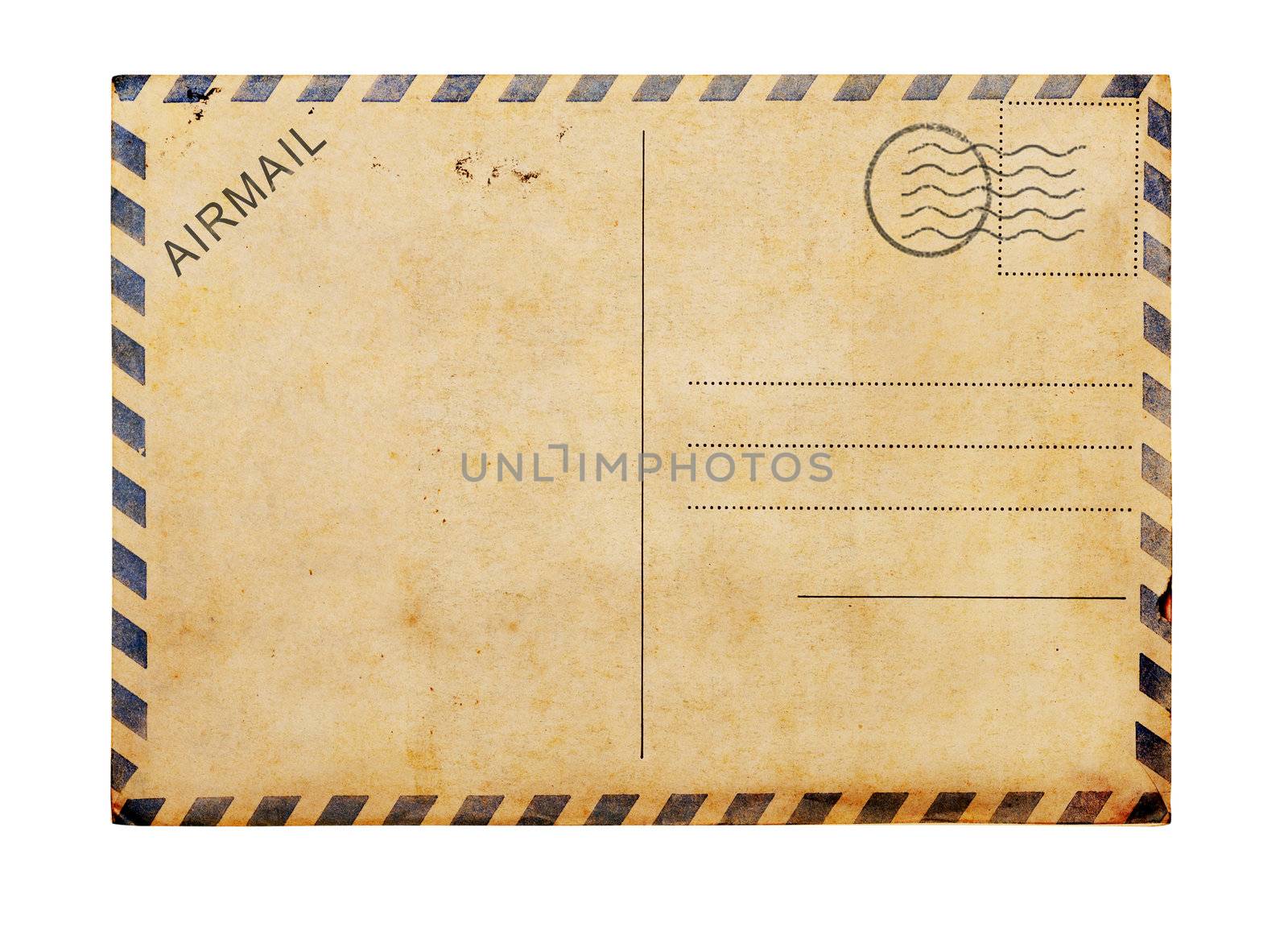 Old blank post card white background, clipping path.
