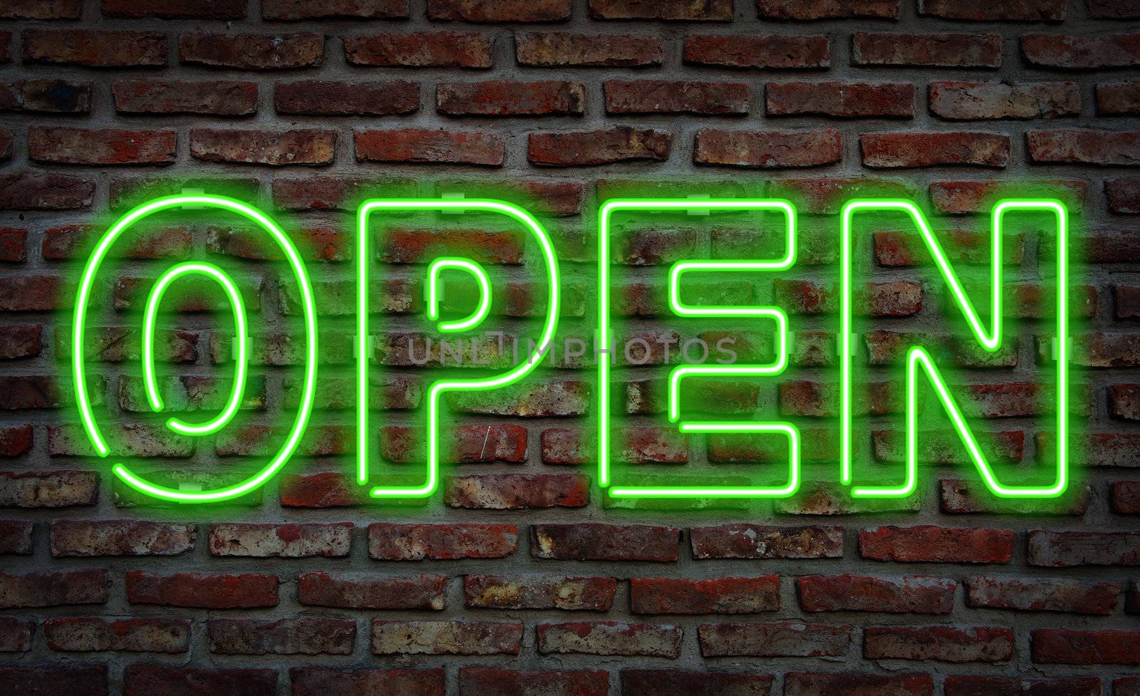 Glowing neon "open" sing on a brick wall.