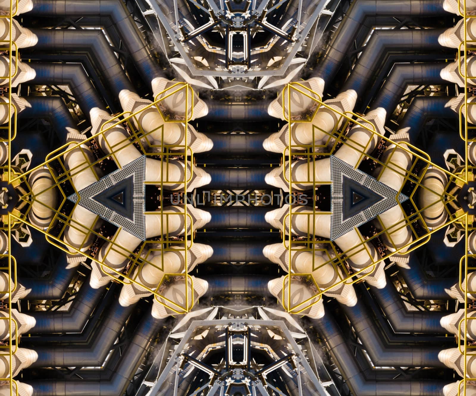 Abstract kaleidoscopic pattern of metal pipe assembly concept of weird technological machine background.