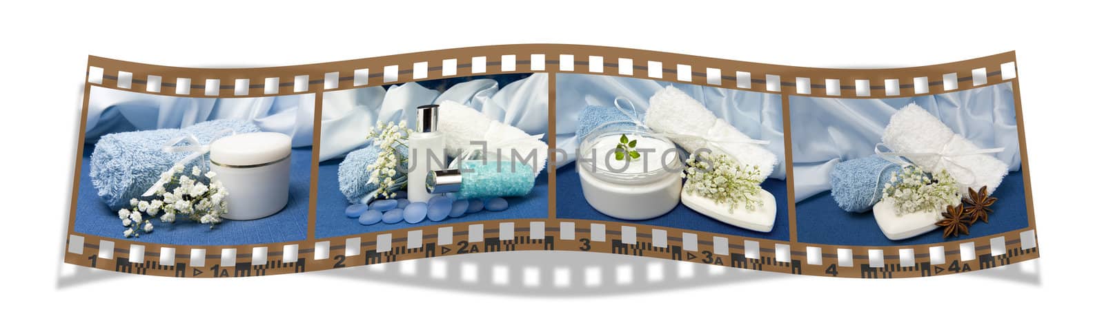 film with natural products for body care on colored background