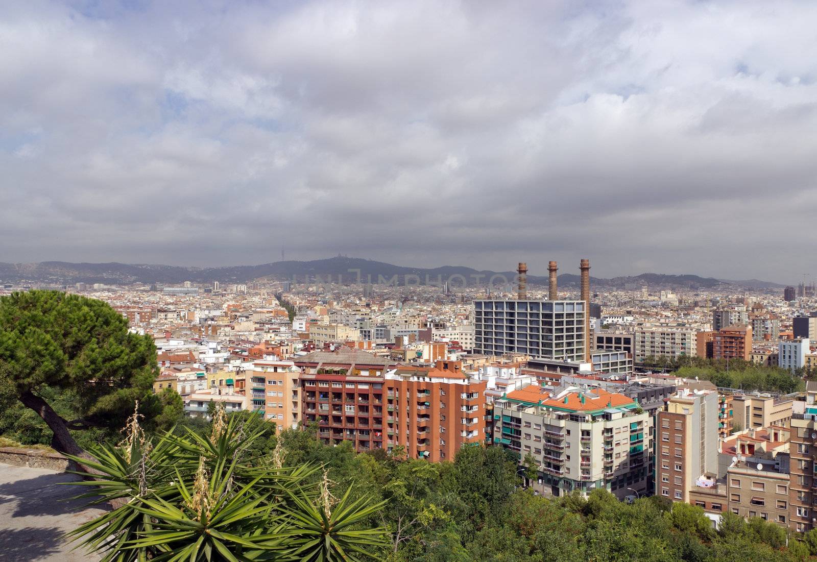 Cityscape view on Barcelona city from mountain Montjuic, Spain