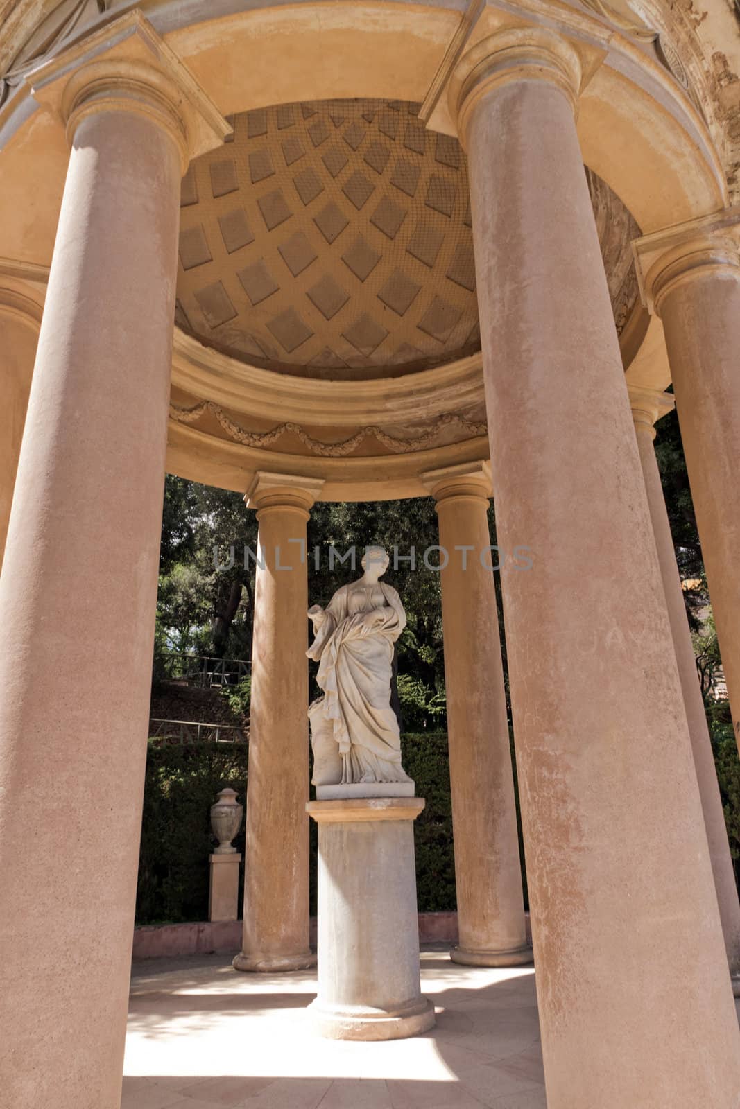 Sculpture woman in gazebo. Park labyrinth Barcelona. Spain