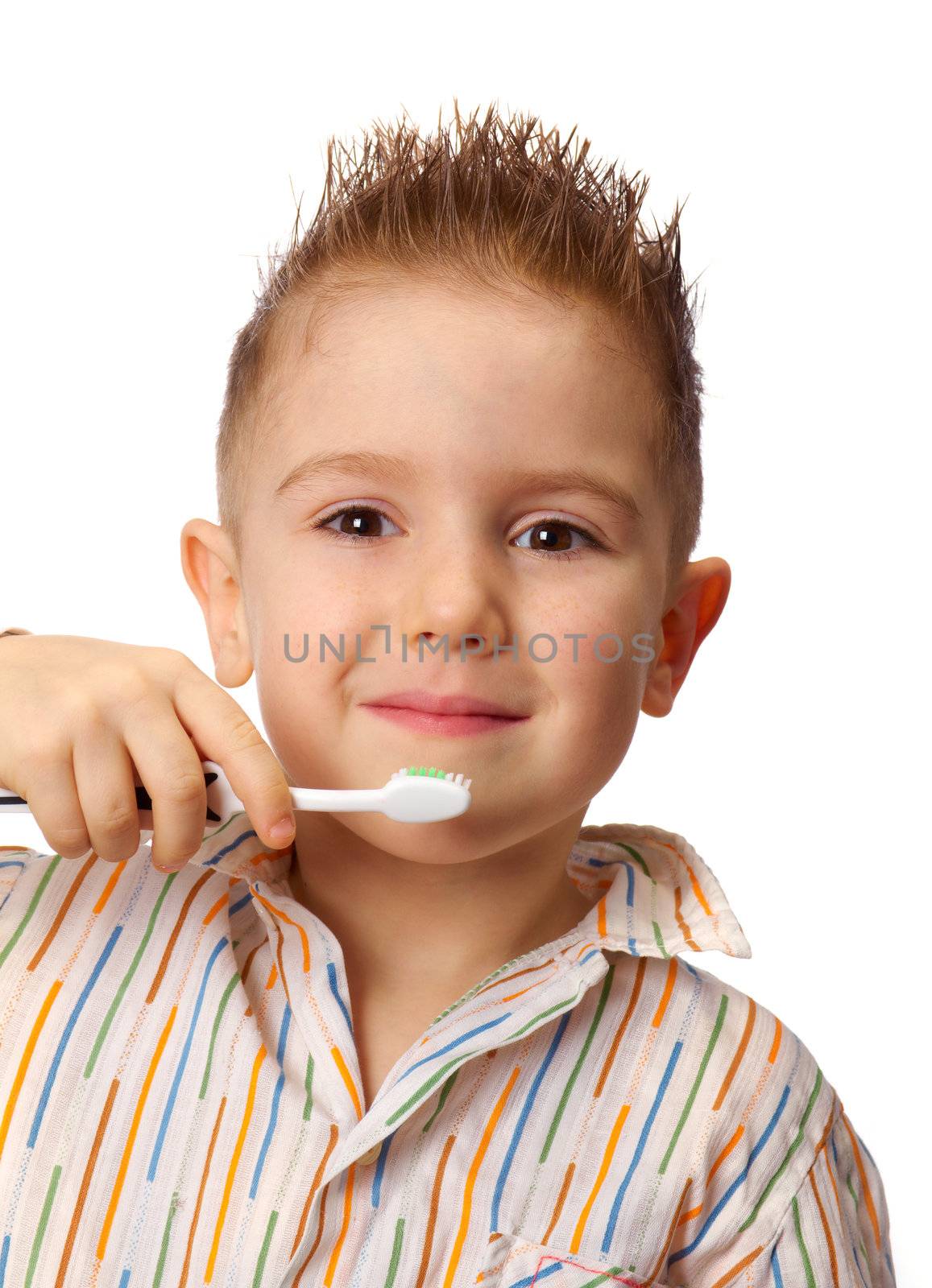 Little child with dental toothbrush brushing teeth.isolated on a white background.