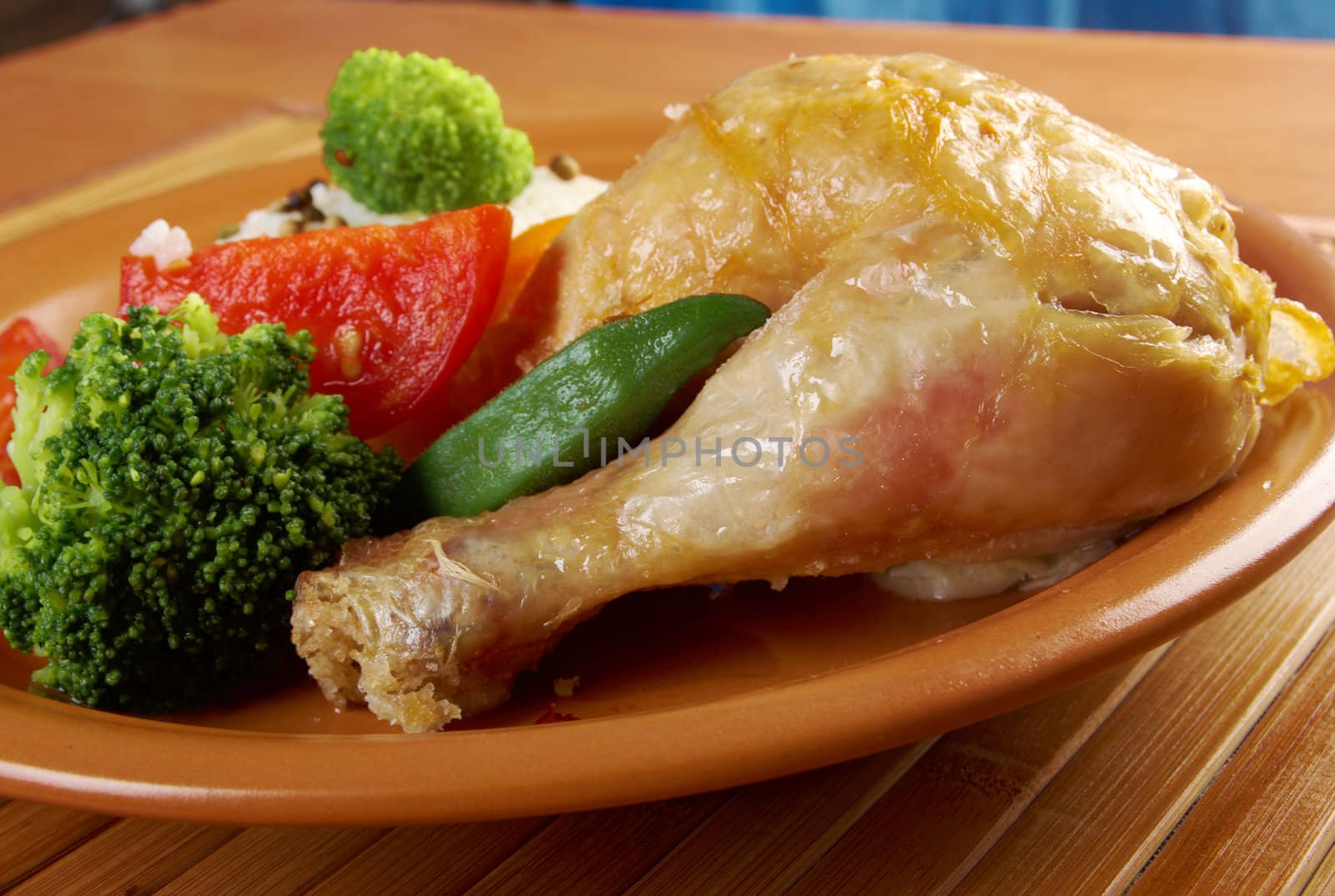 Rice and chicken  and vegetables.сloseup