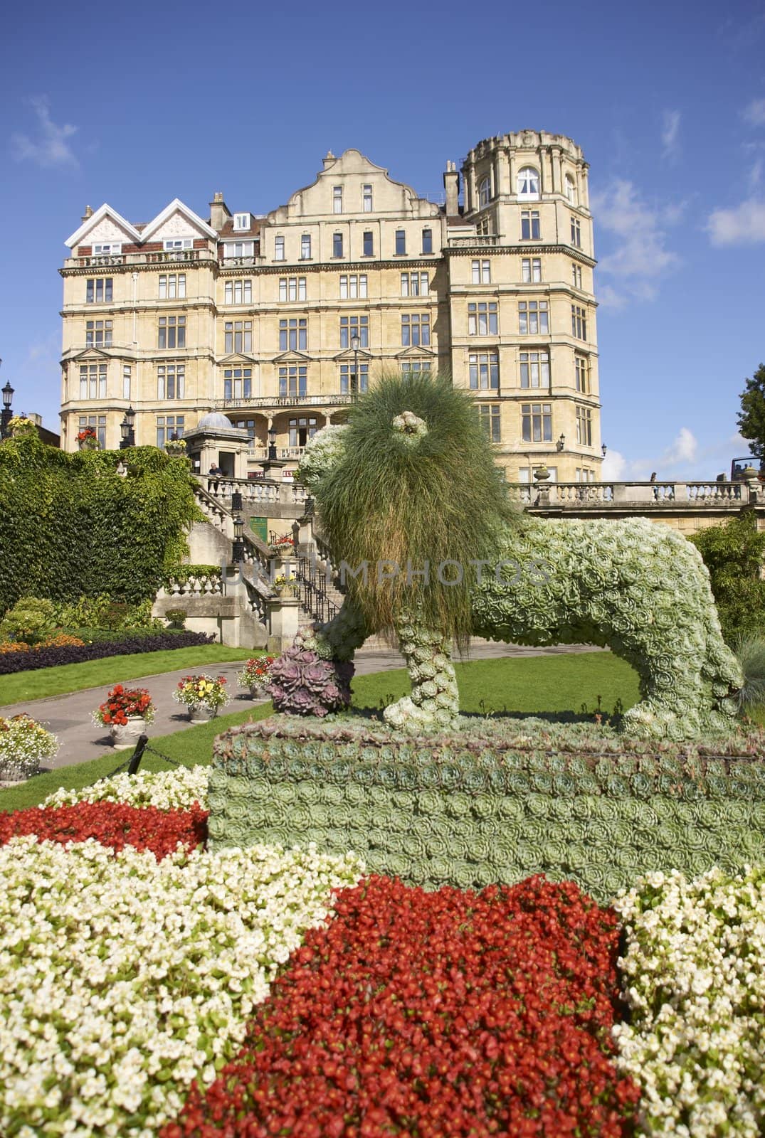 Parade Gardens in Bath, Somerset, England. Empire Hotel in the background.