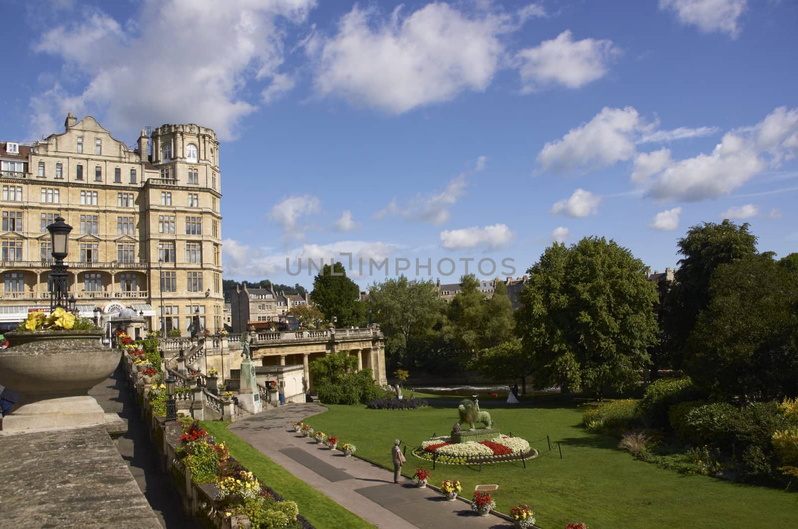 Parade Gardens in Bath, Somerset, England. Empire Hotel in the background.