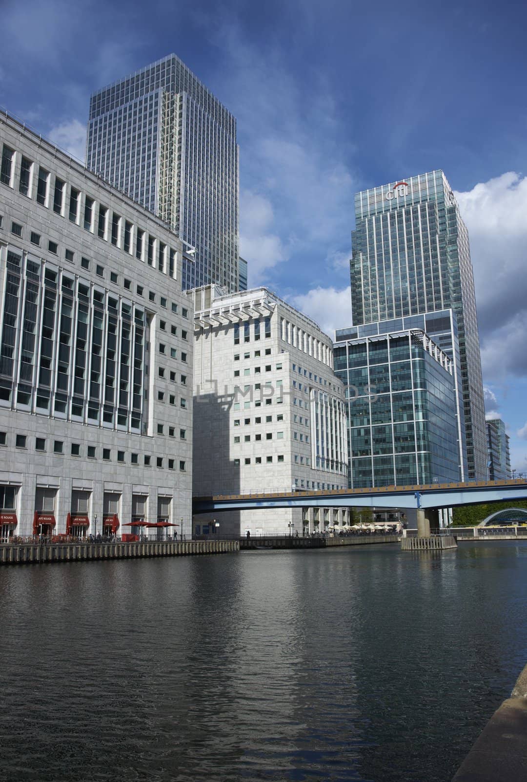 Modern office buildings at Canary Wharf in London, England.