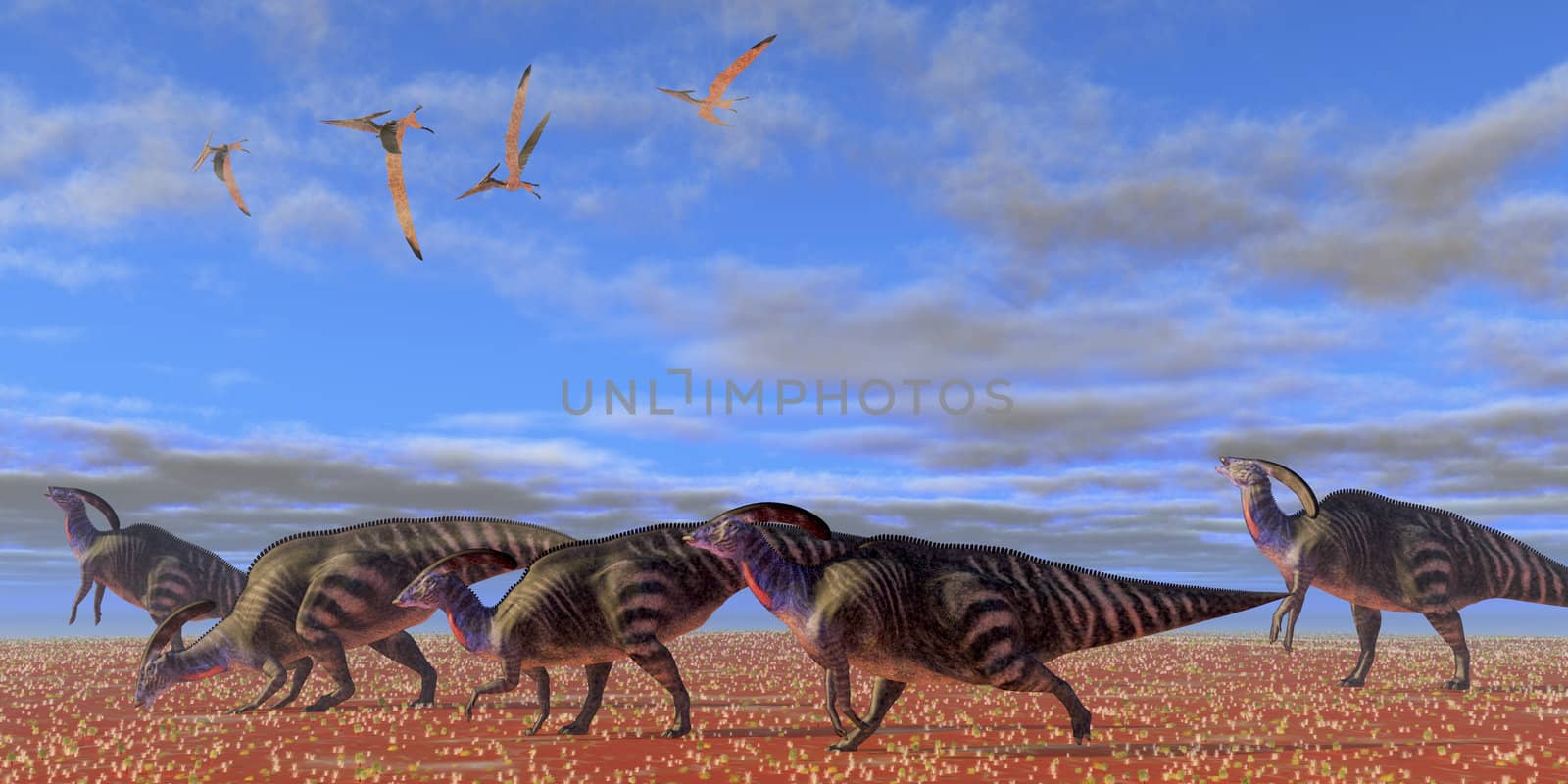 A herd of Parasaurolophus dinosaurs migrate through a desert searching for better vegetation.