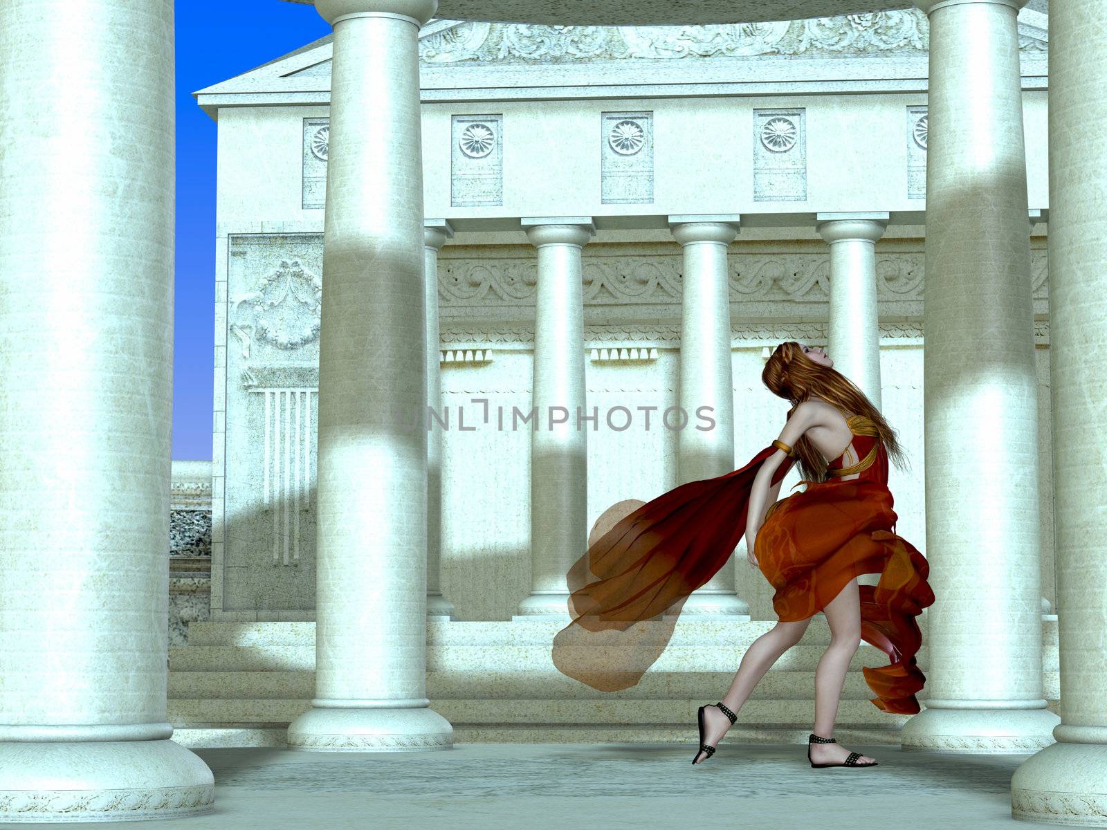 A Roman palace erupts with laughter and gaiety as a young girl runs among the columns.