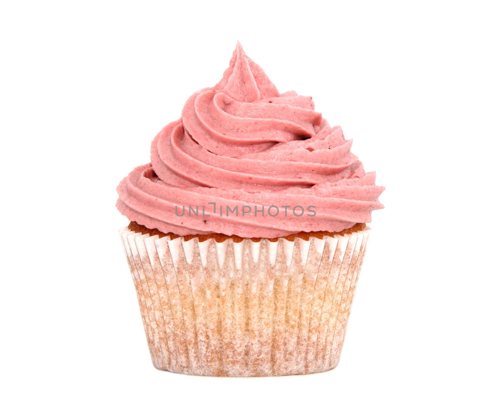 Delicious fresh cupcake with a swirl of pink raspberry icing on top