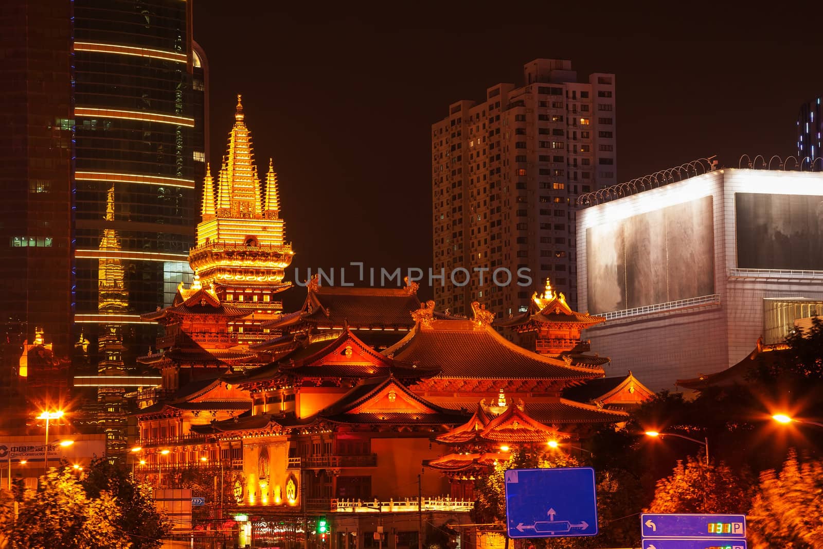 Golden Jing An Temple Park Nanjing Street Shanghai China at Nigh by bill_perry