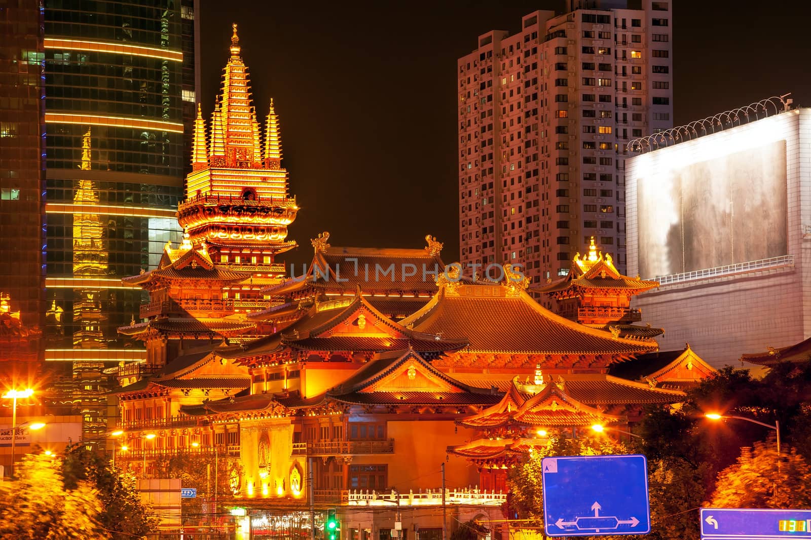 Golden Jing An Temple Park Nanjing Street Shanghai China at Nigh by bill_perry