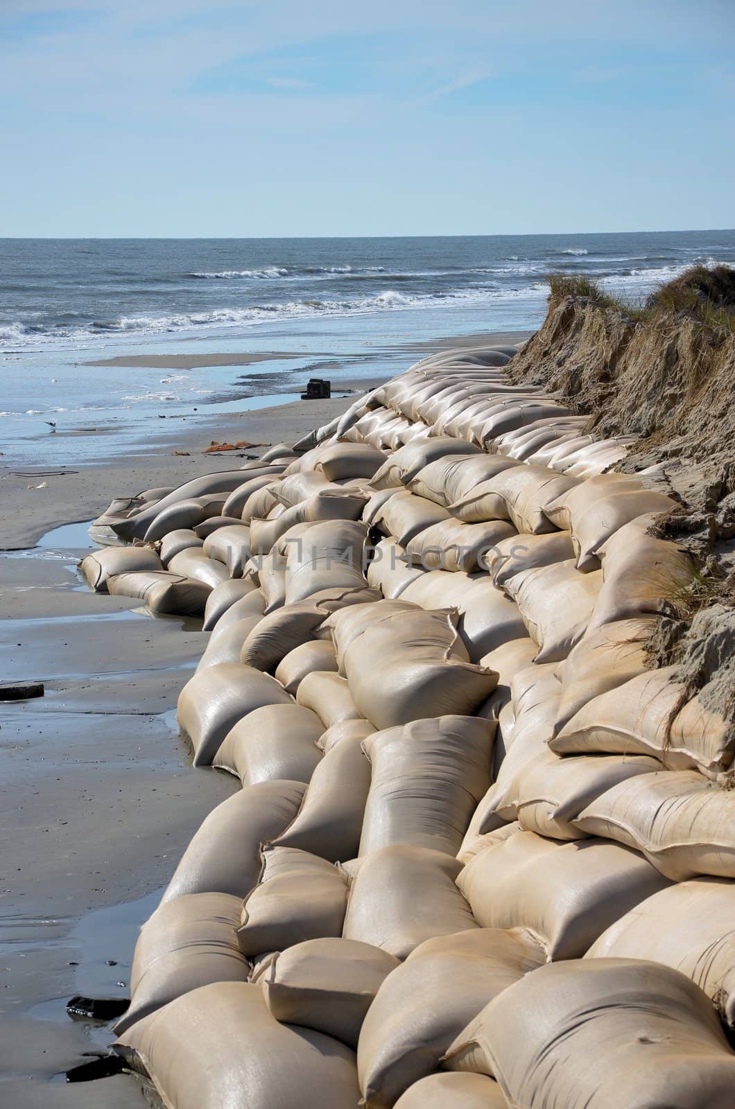 Sand bags along the beach in North Carolina to protect from heavy surf and erosion.