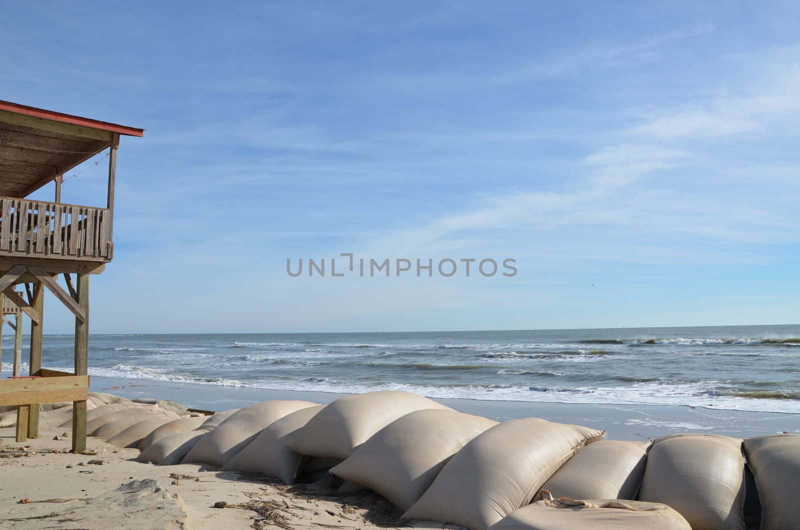 Sand bags along the beach in North Carolina to protect from heavy surf and erosion.