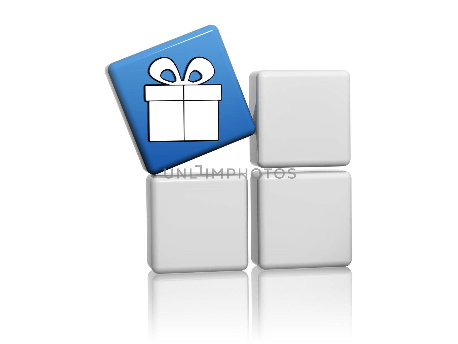 3d blue cube with white gift sign image concept 