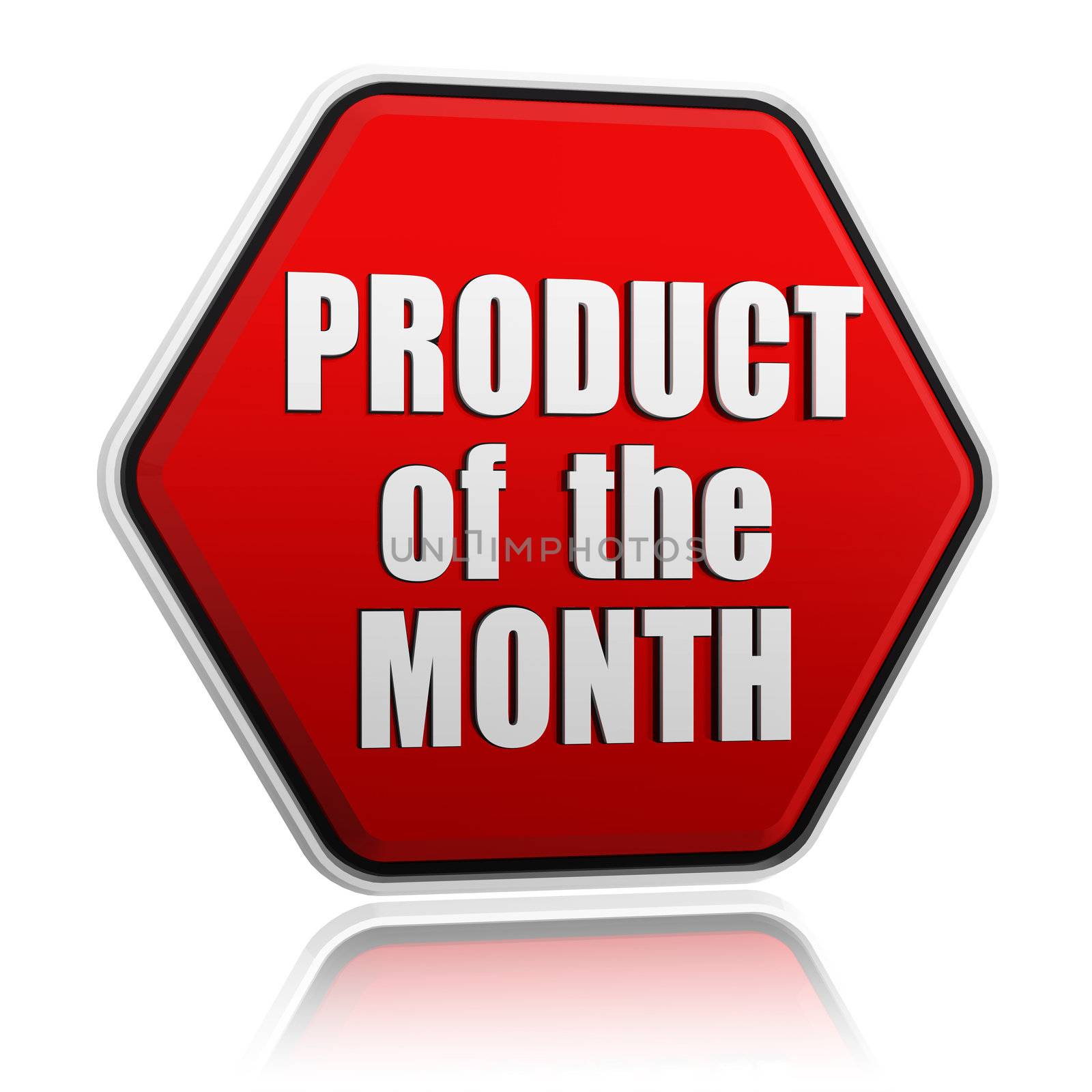 product of the month - text in 3d red hexagon banner like button, business concept