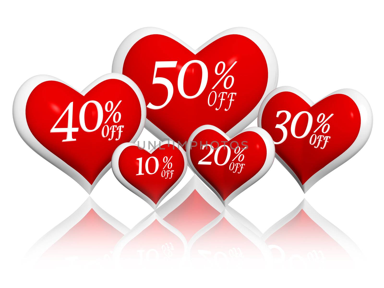 different percentages off rebate in 3d red hearts banners, valentines day sale seasonal business concept