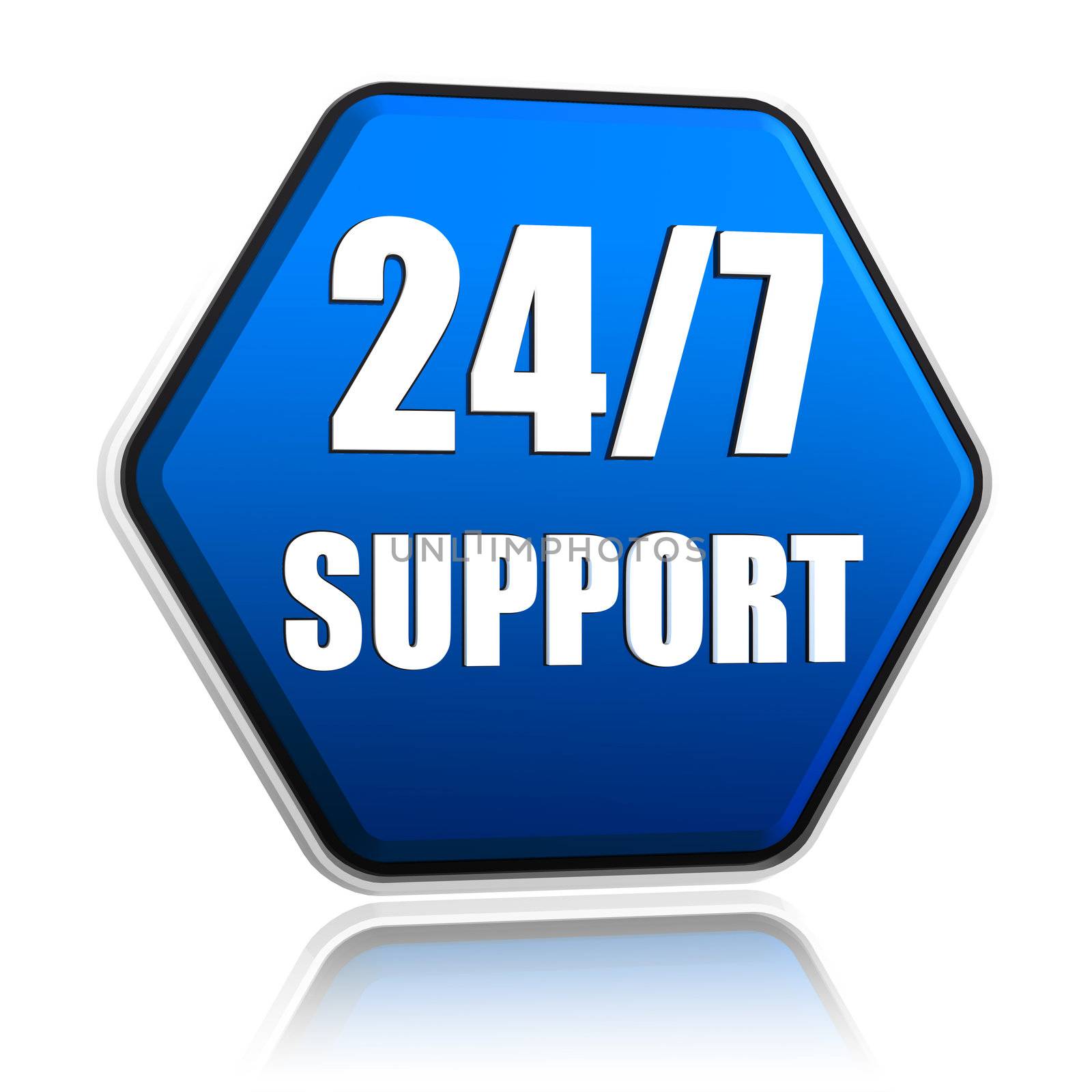 3d blue hexagon button with text 24 7 support