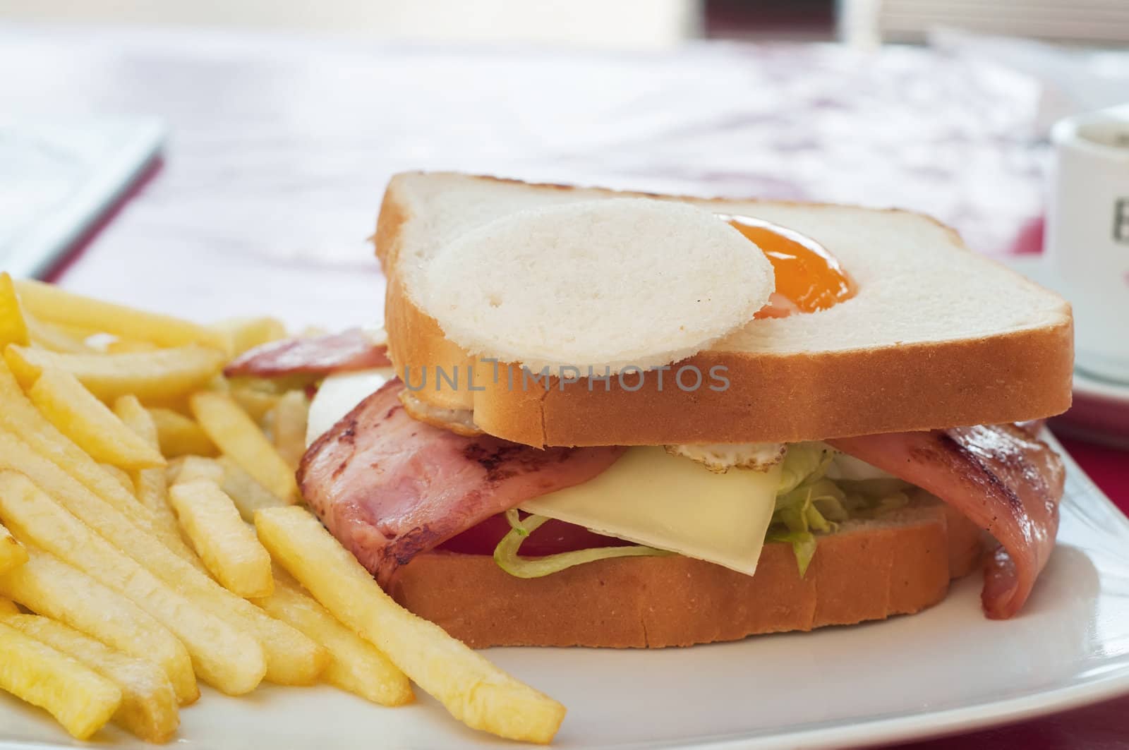 Sandwich with egg and french fries on the table