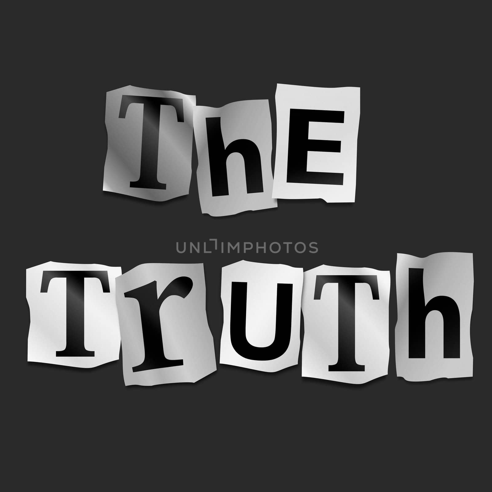 Illustration depicting cutout printed letters arranged to form the words the truth.