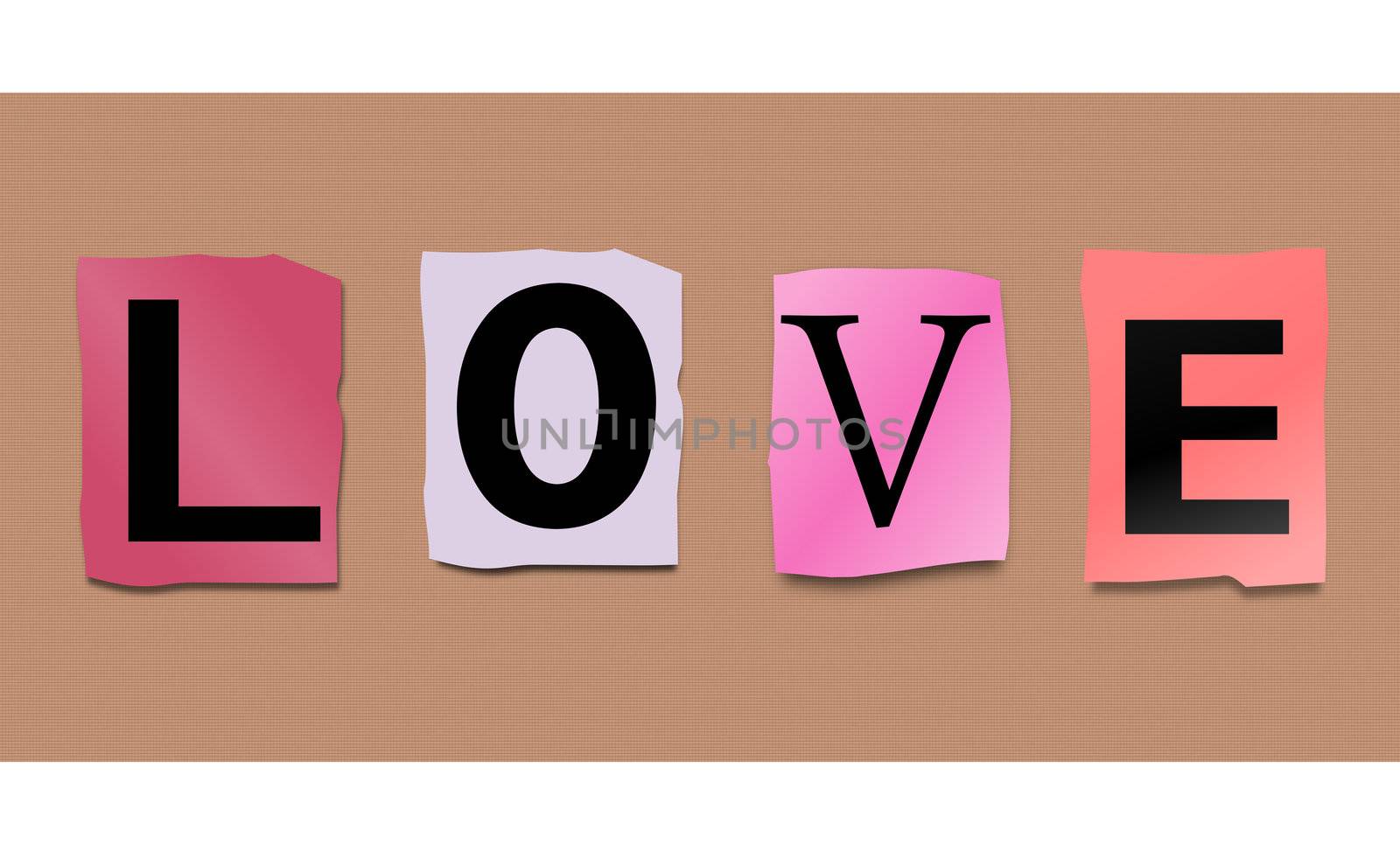 Illustration depicting cutout printed letters arranged to form the word love.