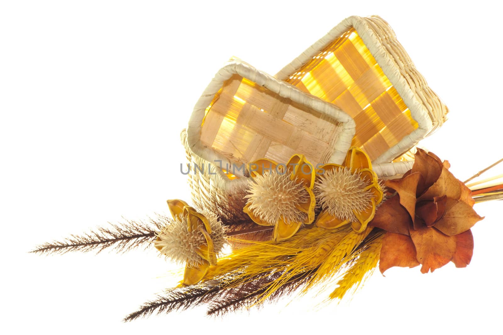 natural basket with  dried flowers on a white background
