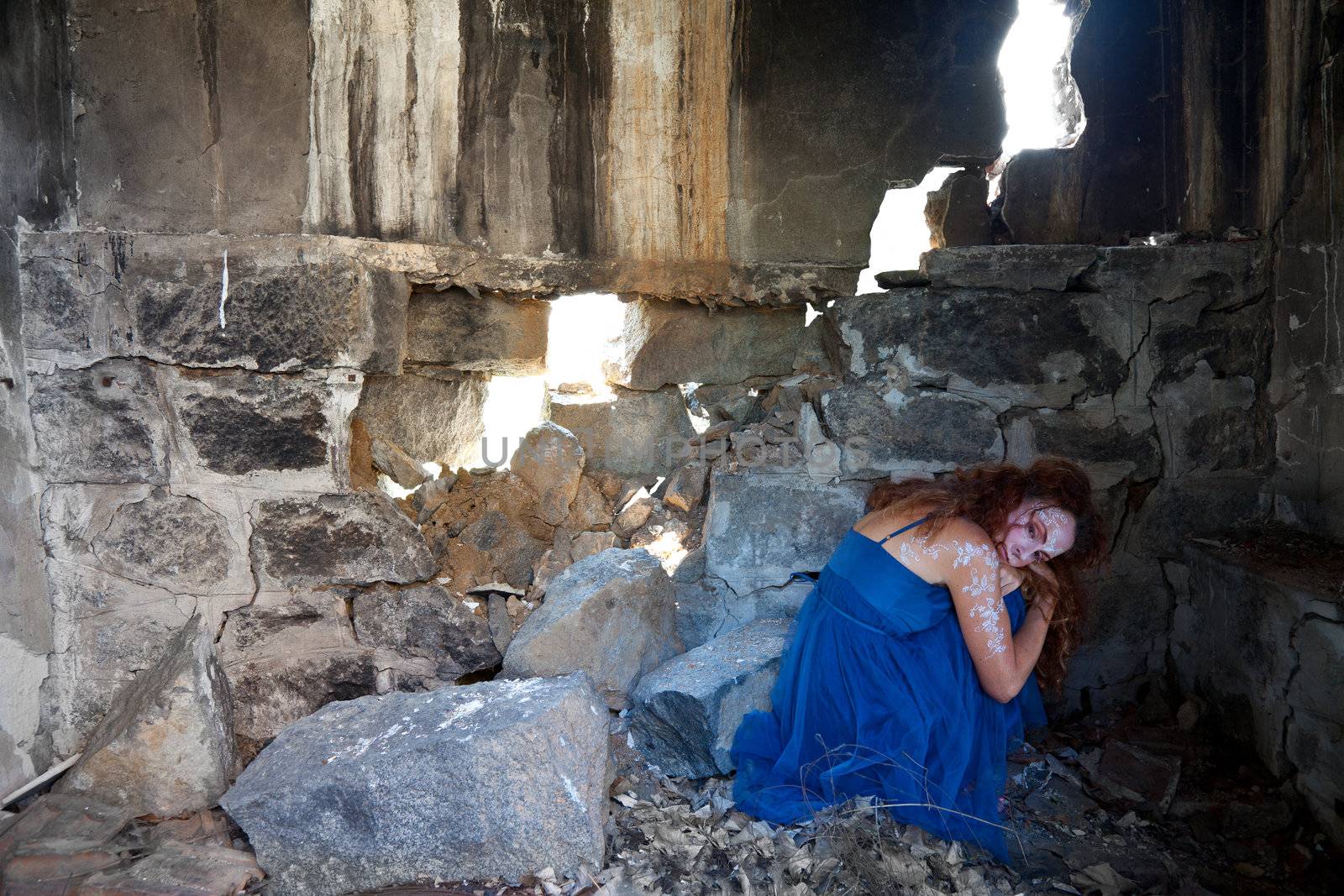 Woman hiding ruined building by vilevi