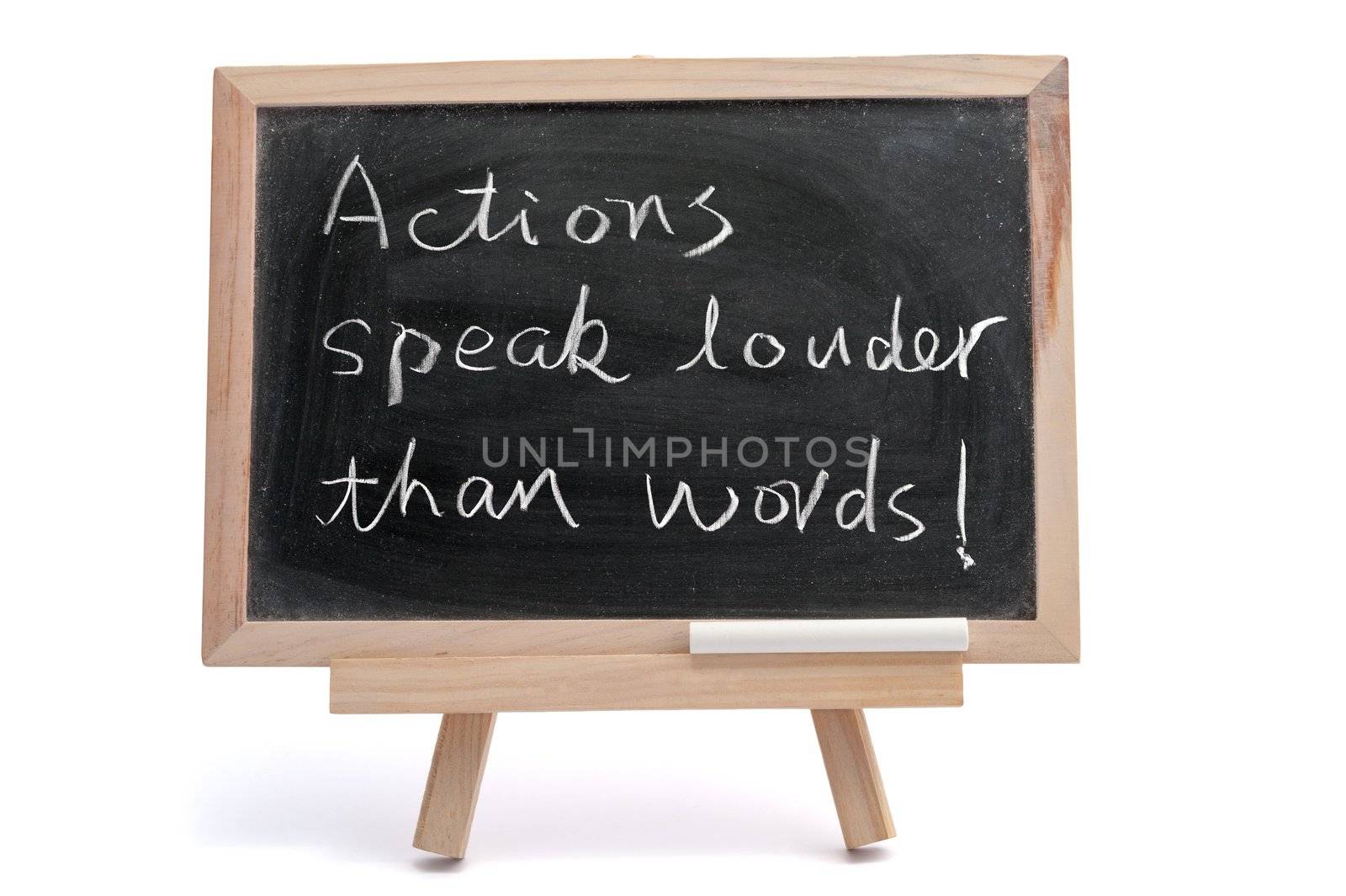 "Actions speak louder than words" saying written on blackboard over white background