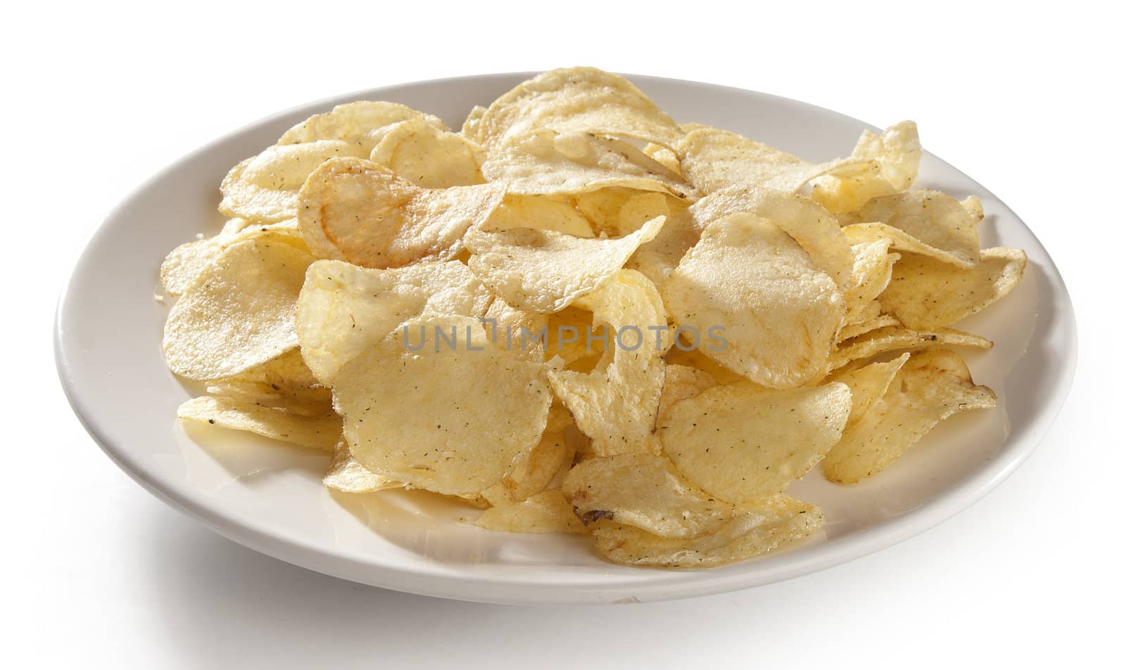 Some potato chips on the white plate