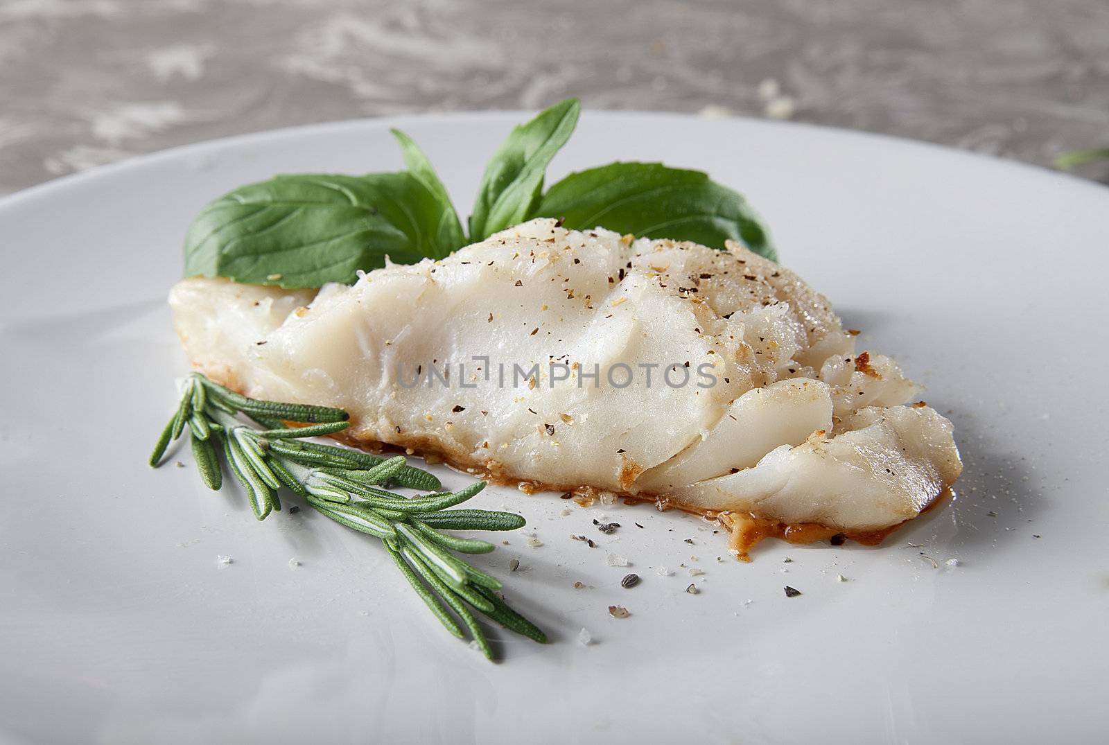 Fried cod with basil and rosemary on the gray