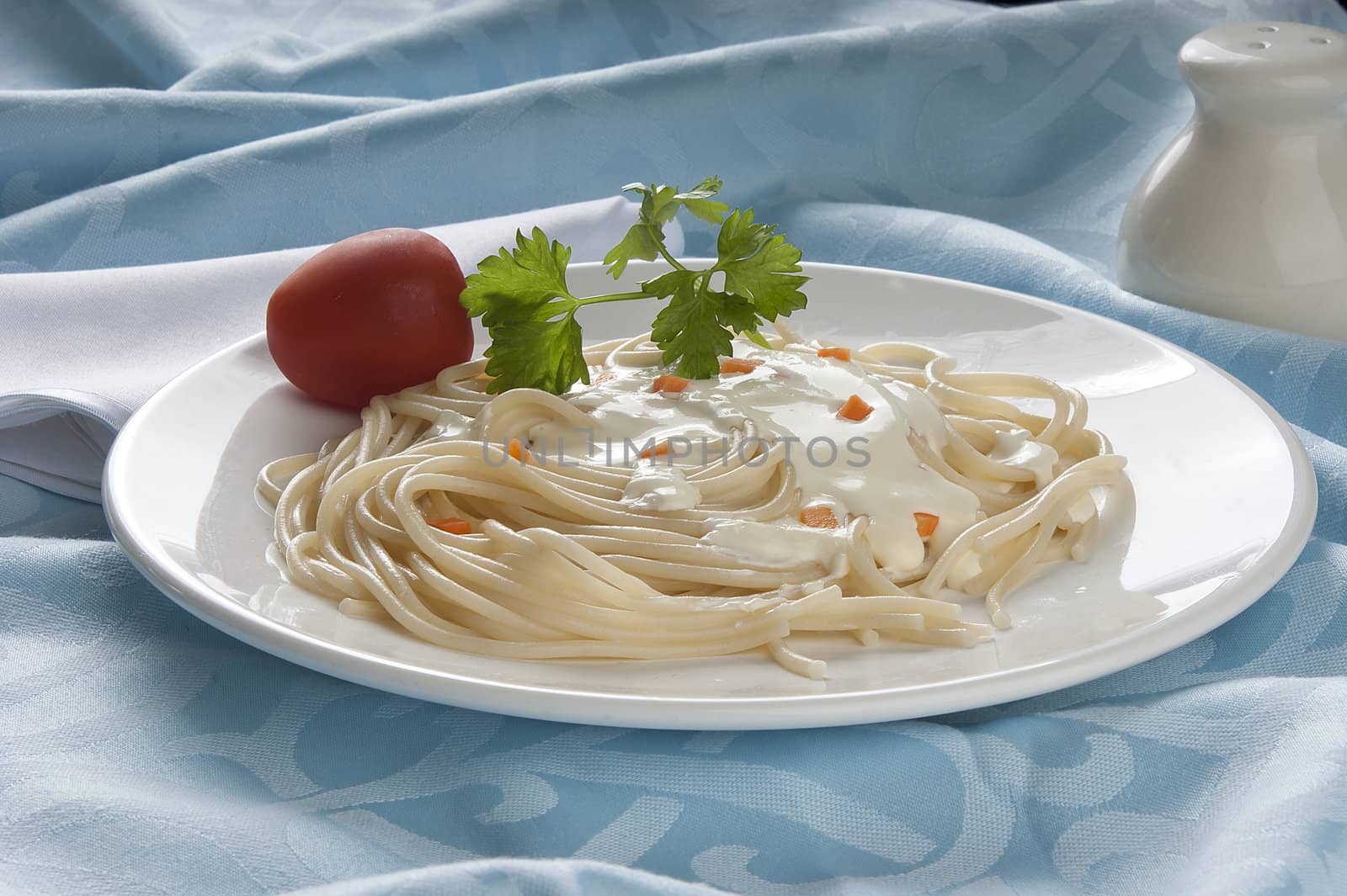 Spaghetti with cheese cream sauce, tomatoes and parsley on the white palte