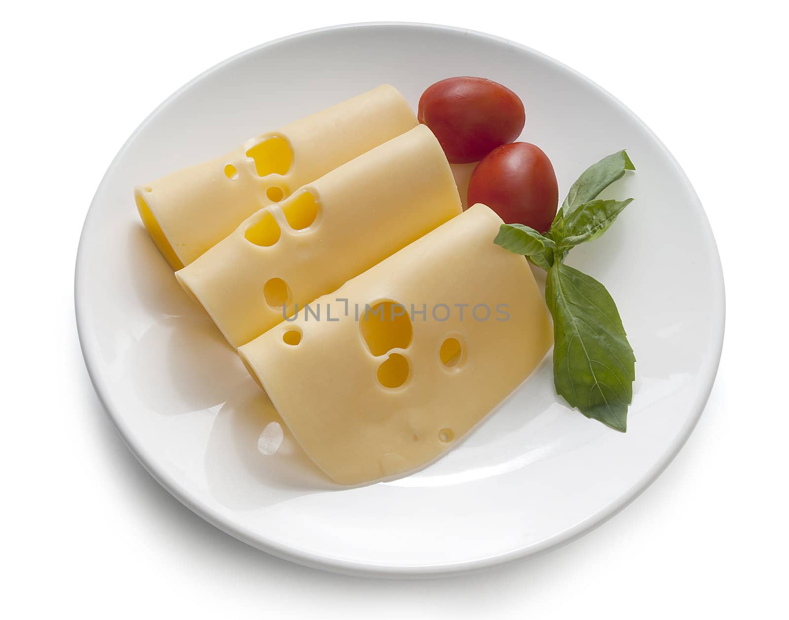 Rolled pieces of cheese with tomato and basil on the plate