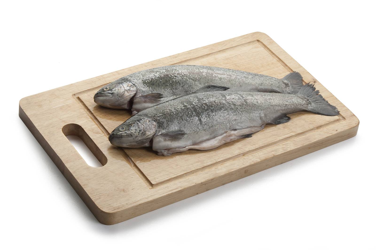 Two raw trunk of trout on the wooden board