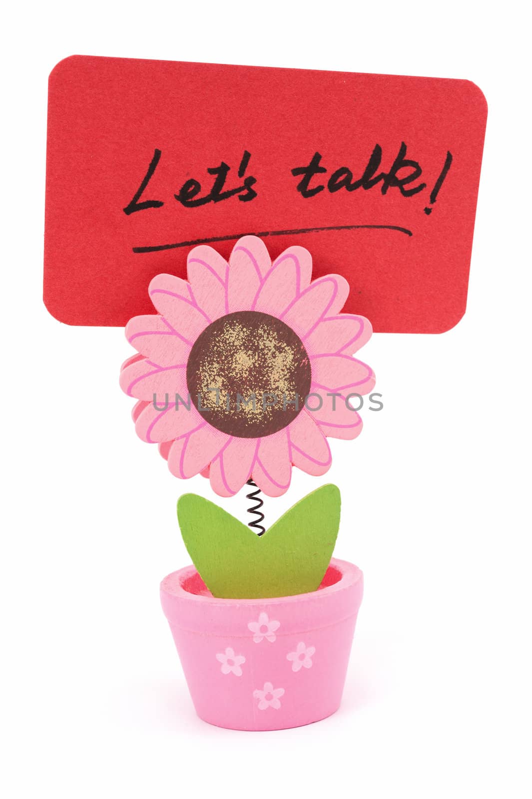 Let's talk words written on red paper of sun flower pot clip