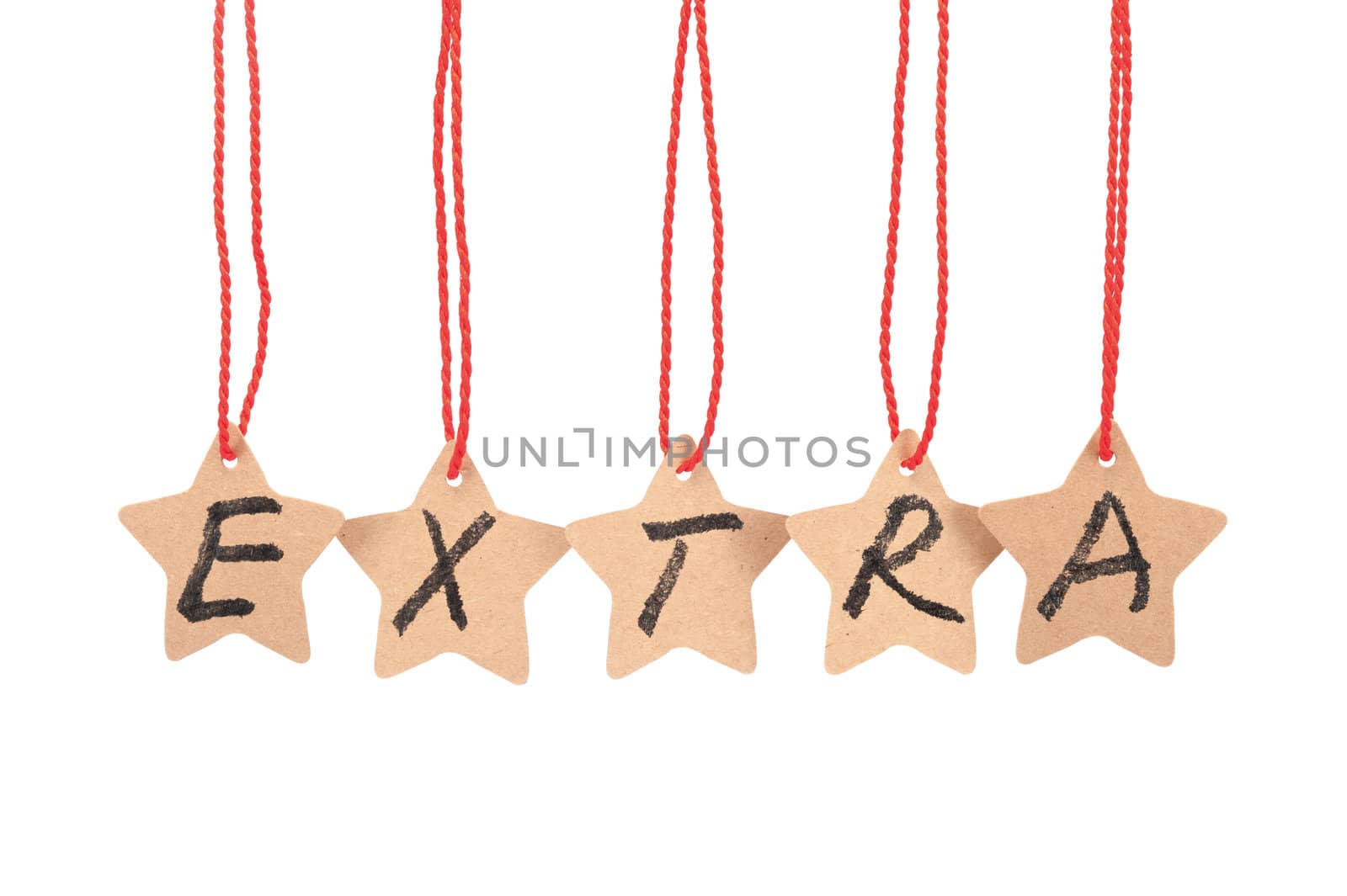Extra spelled with paper stars  are hung by ropes, isolated against white background