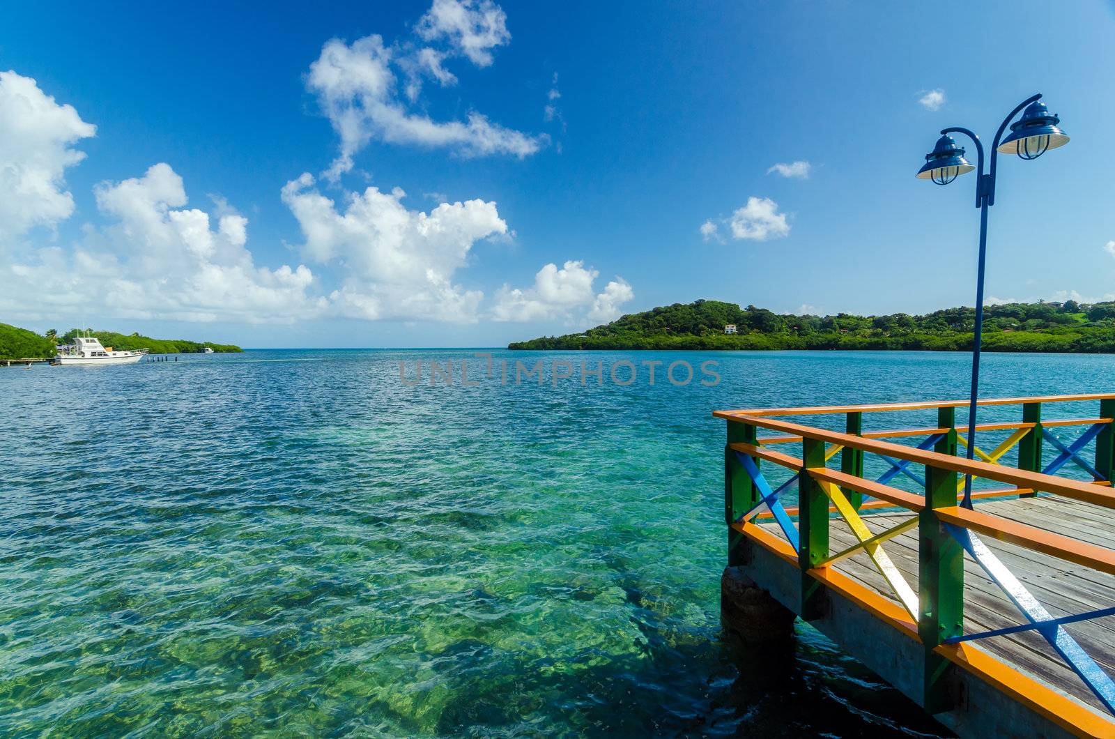 Colorful bridge connecting two tropical islands in San Andres y Providencia, Colombia
