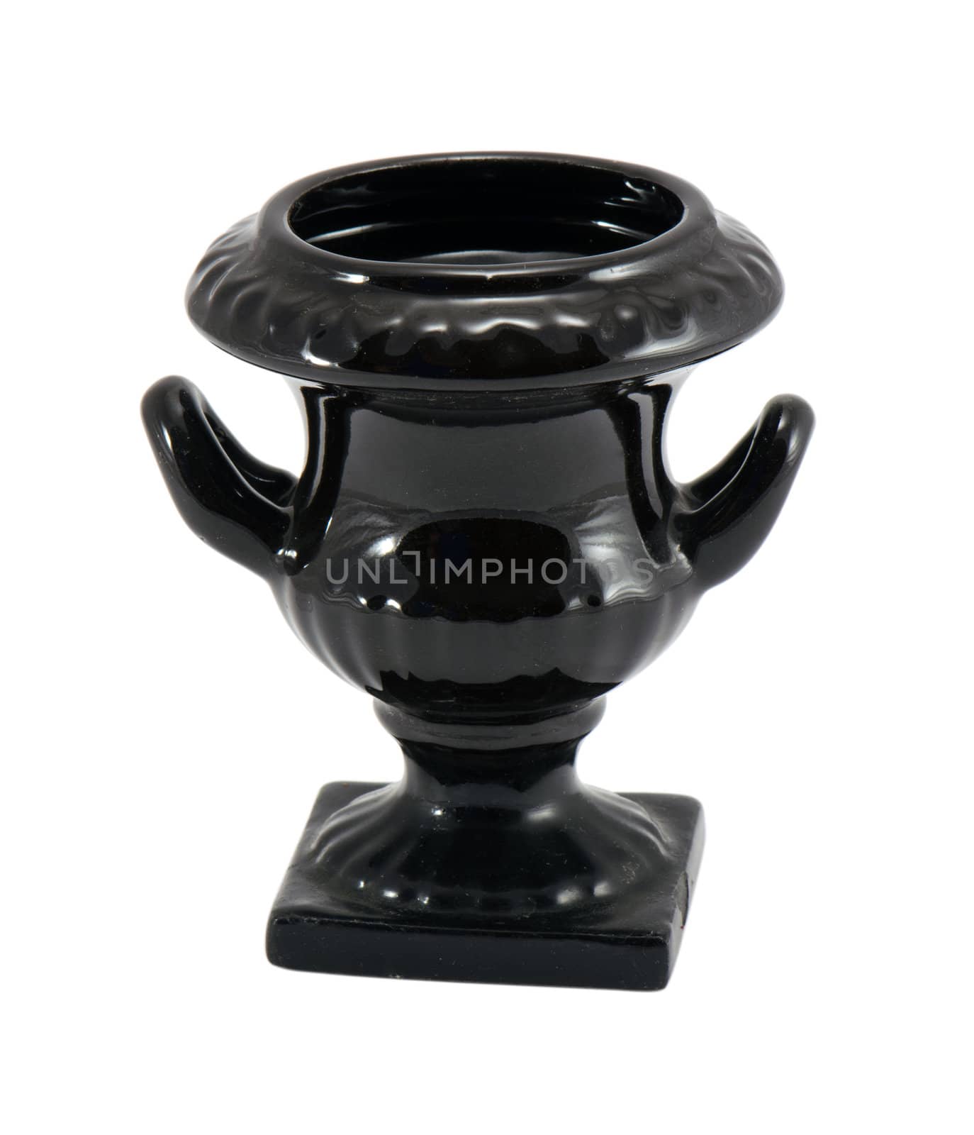 retro ceramic black vase with two handle isolated on white background.
