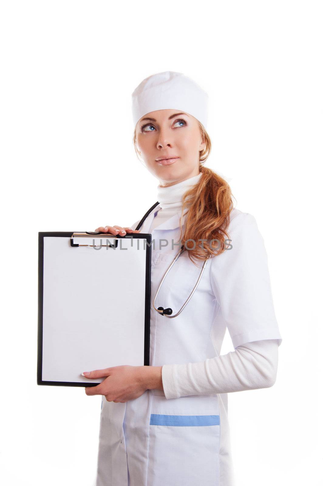 Doctor woman with stethoscope and papers with blank space looking up isolated over white