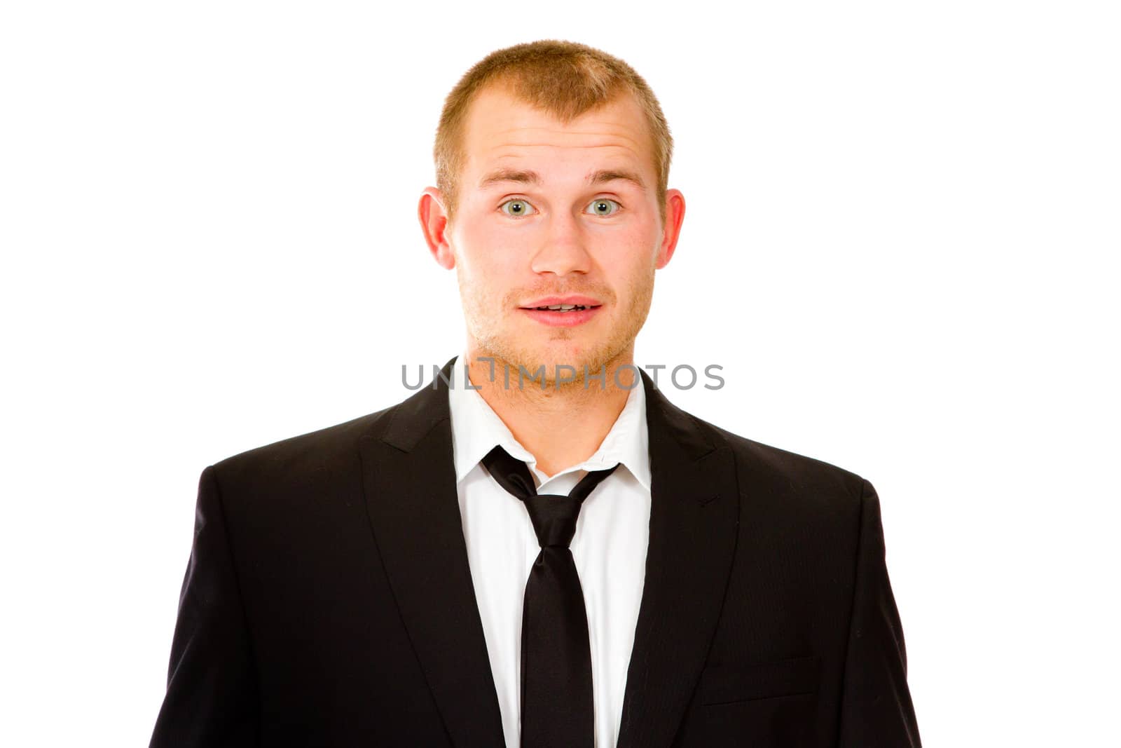 This handsome groom is isolated against a white background in the studio to create a portrait of a man that could be getting married or could be a business person.