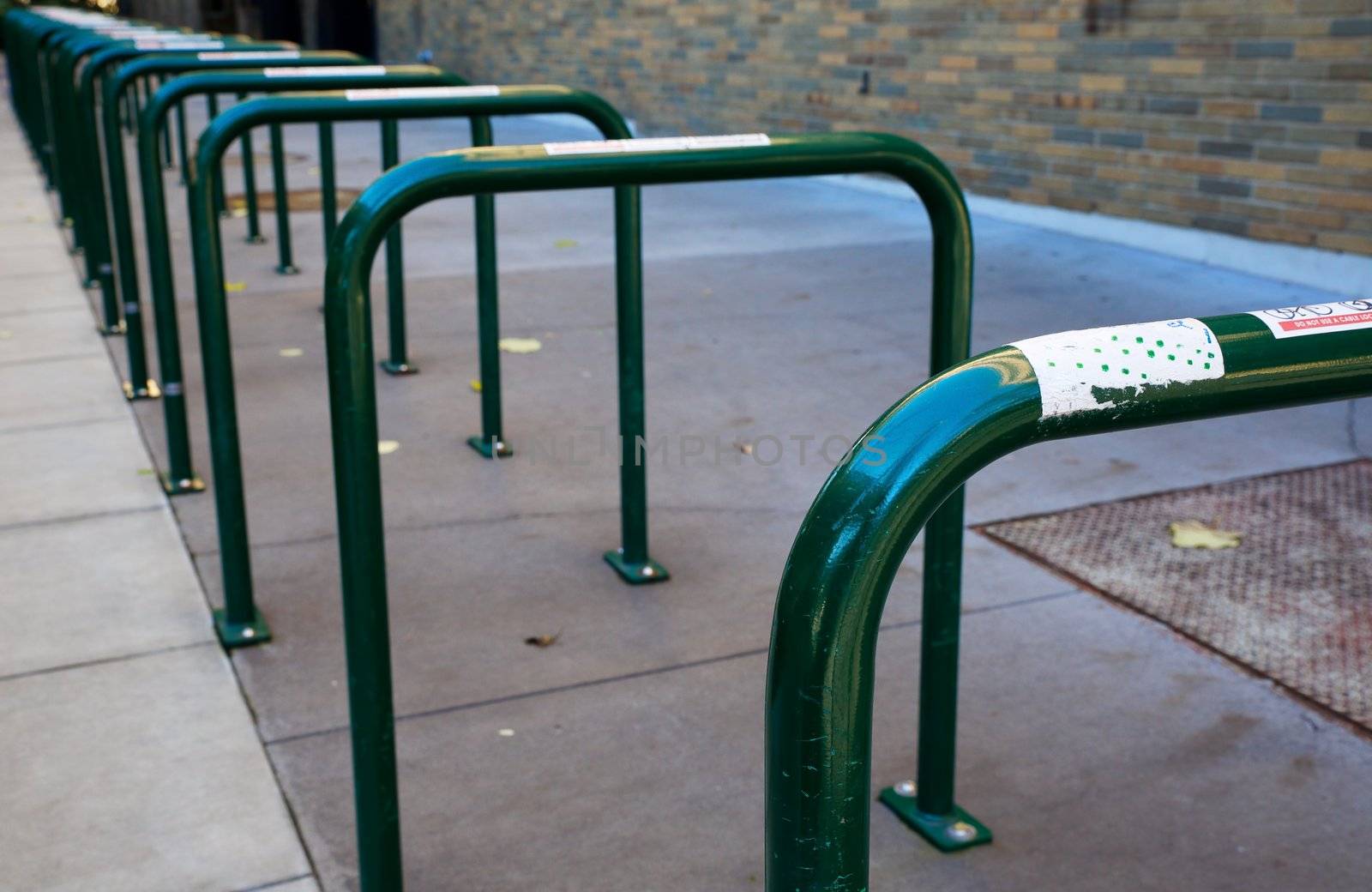 Row of empty green painted bike Racks at university