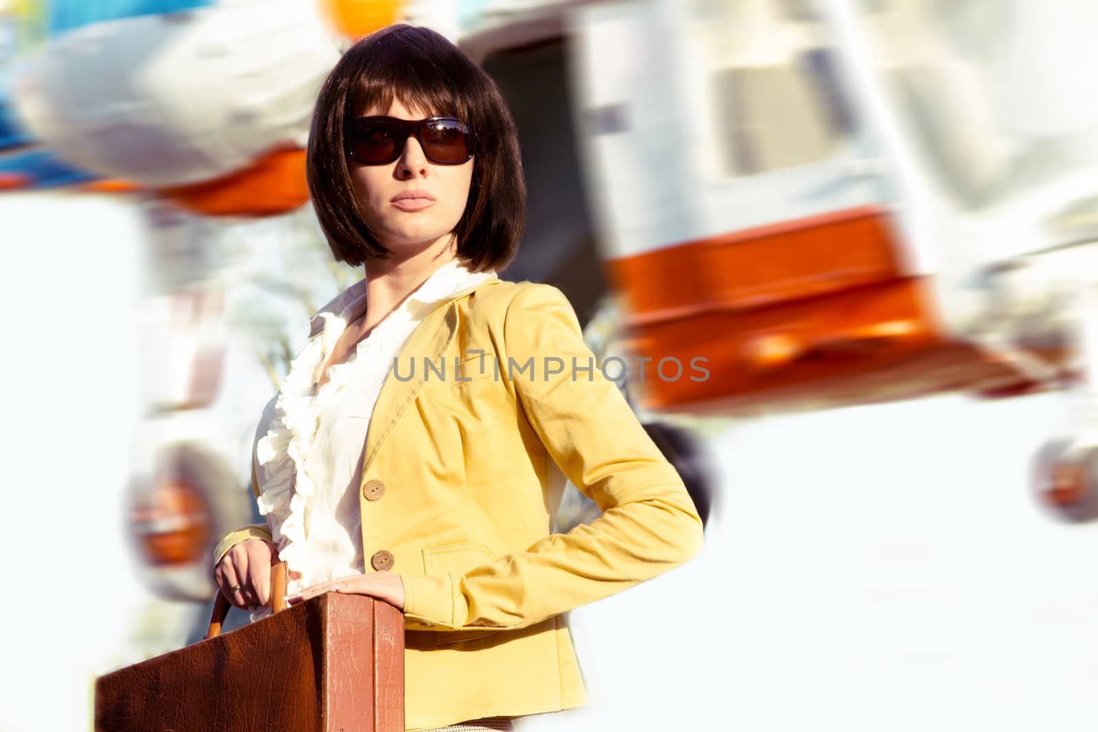 Elegant business lady with case and flying helicopter