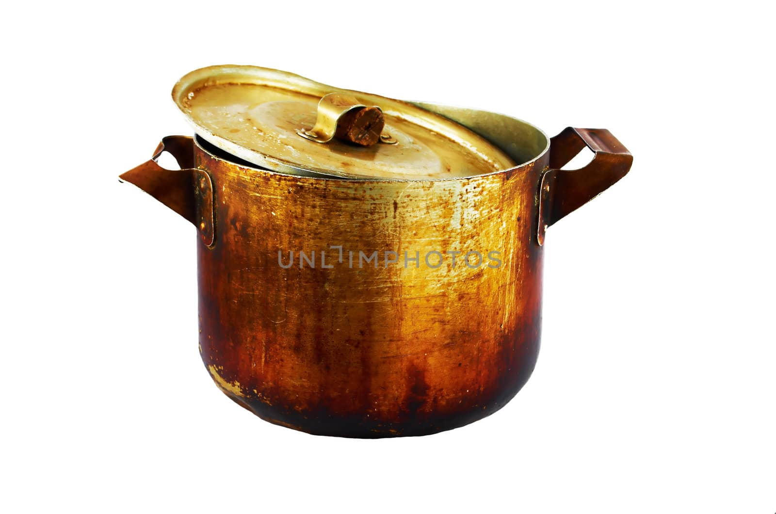 Sooty old aluminum saucepan on an isolated white background