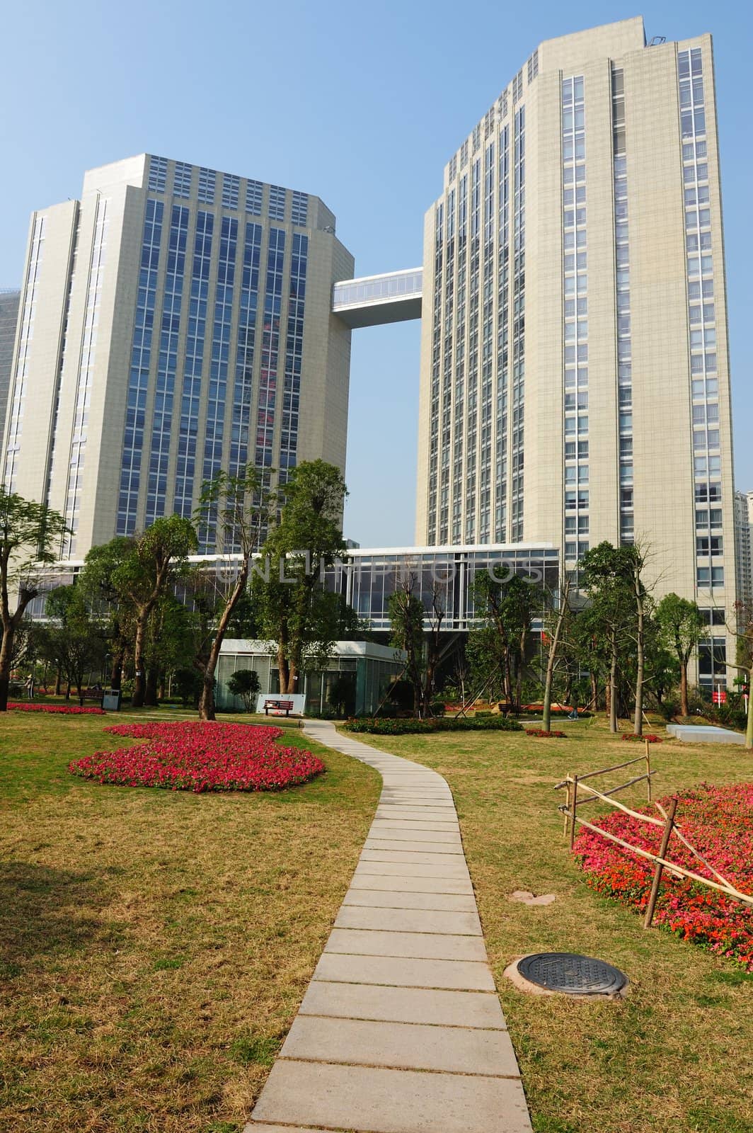 Path leading to buildings in Guangzhou Flower Citizen Plaza