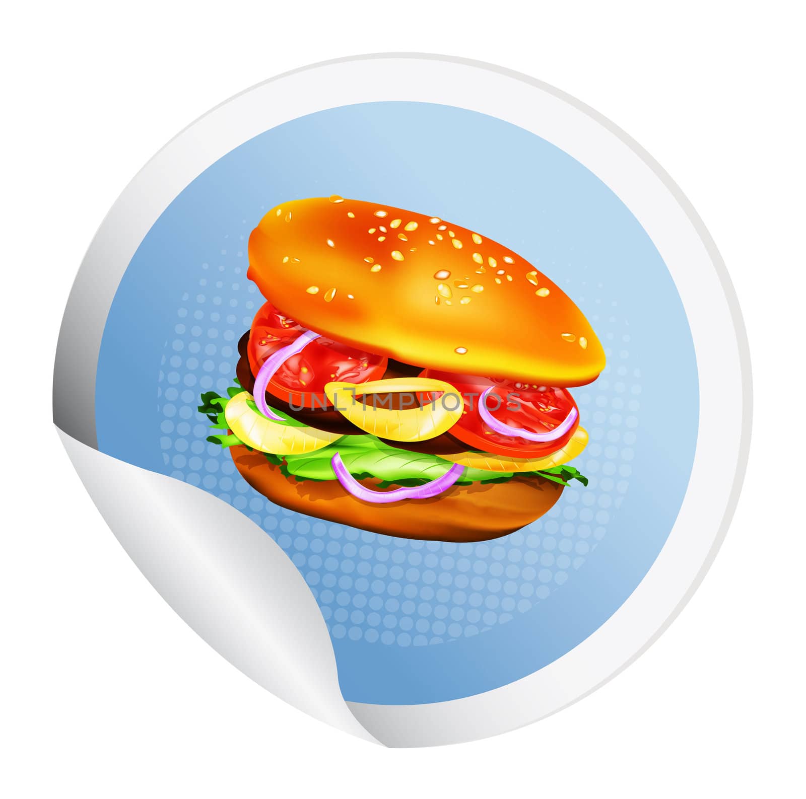 Hamburger with tomato, lettuce, onion and meat.Sticker