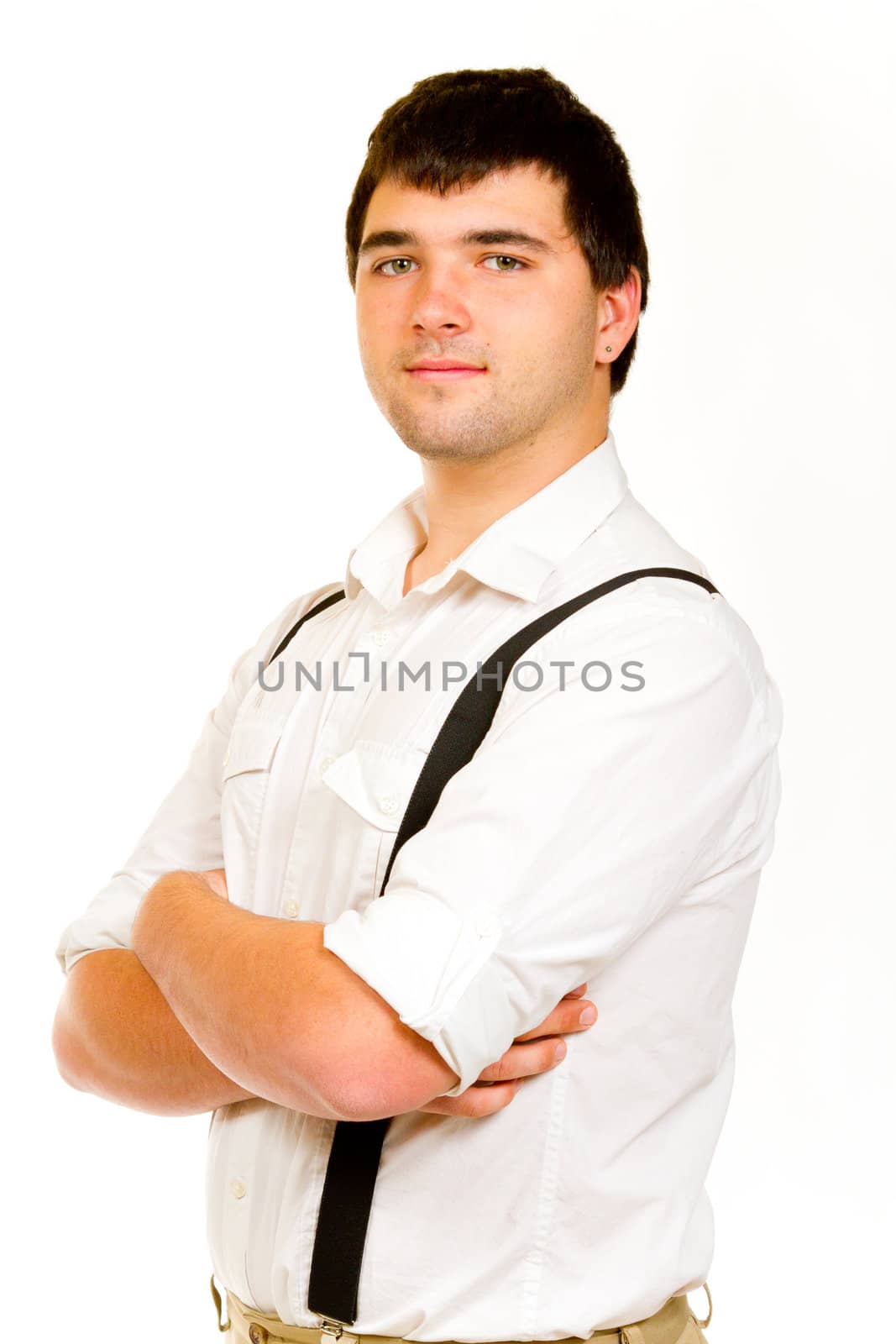 An isolated white background portrait of a man in his wedding attire before getting married.