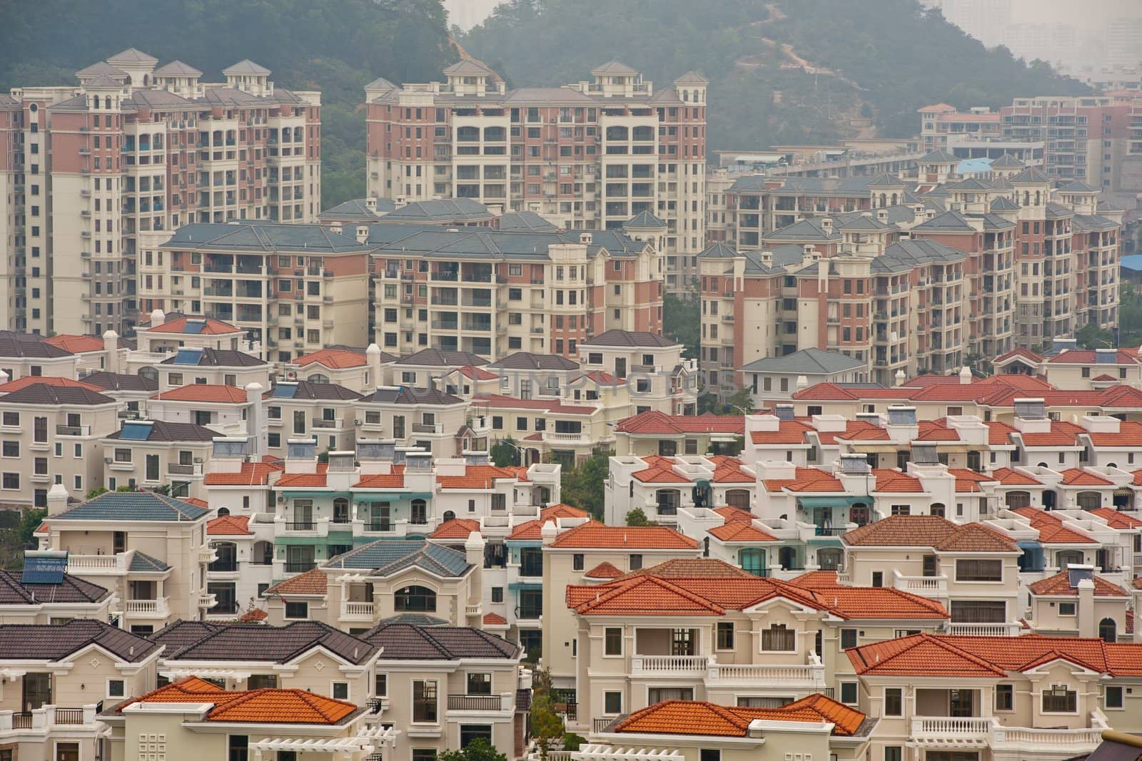 High angle view of villa groups in residential community