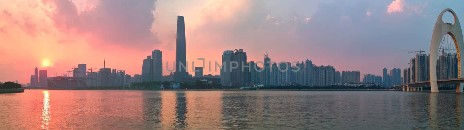 City sunset by the Zhujiang River in Guangzhou city Guangdong province of China