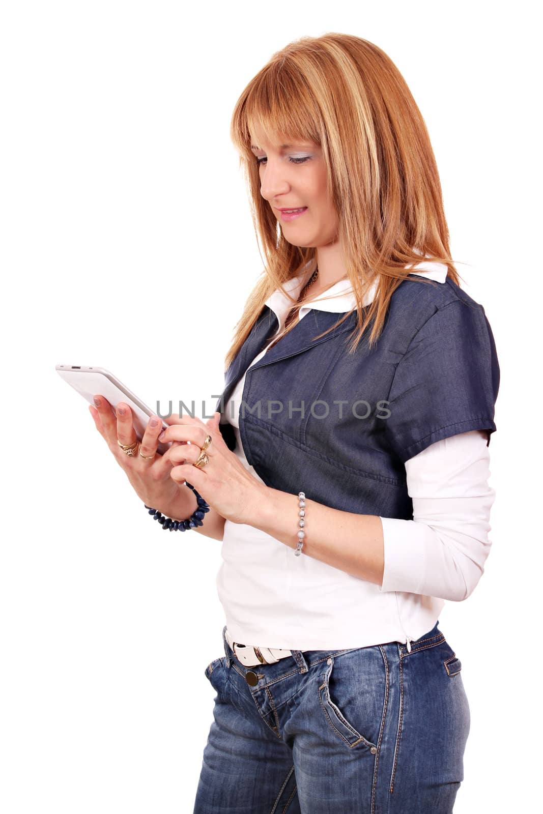 beautiful woman with tablet pc on white 