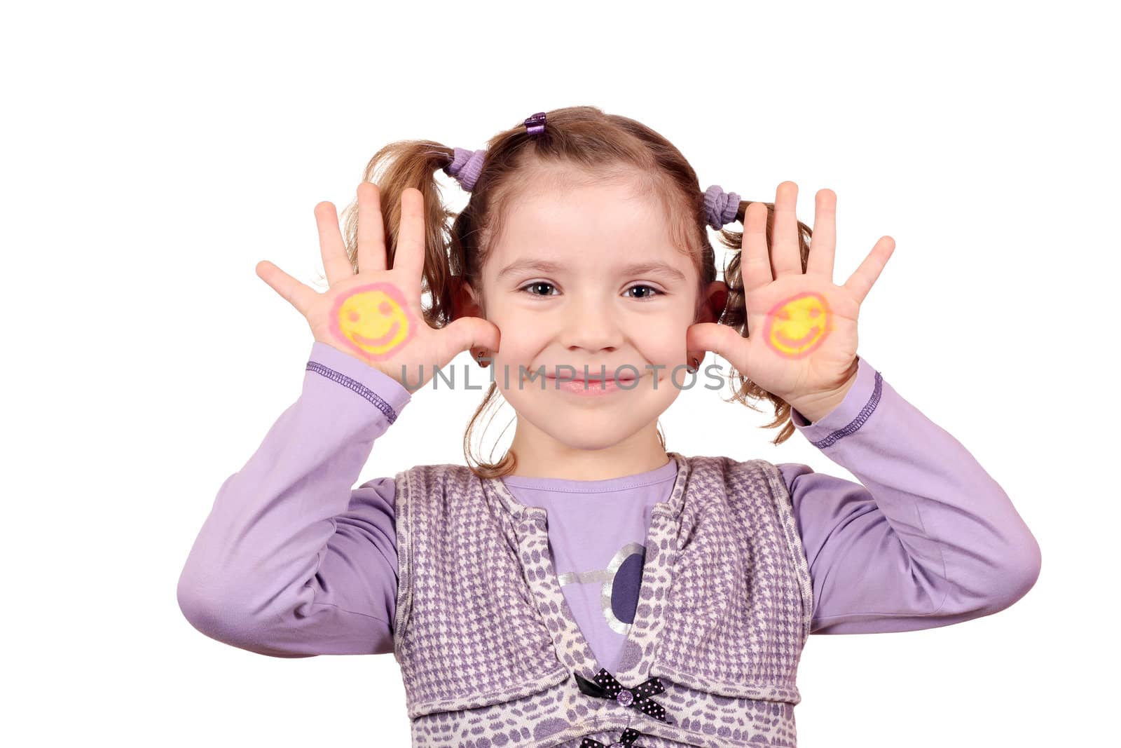 happy little girl with smiley on hands